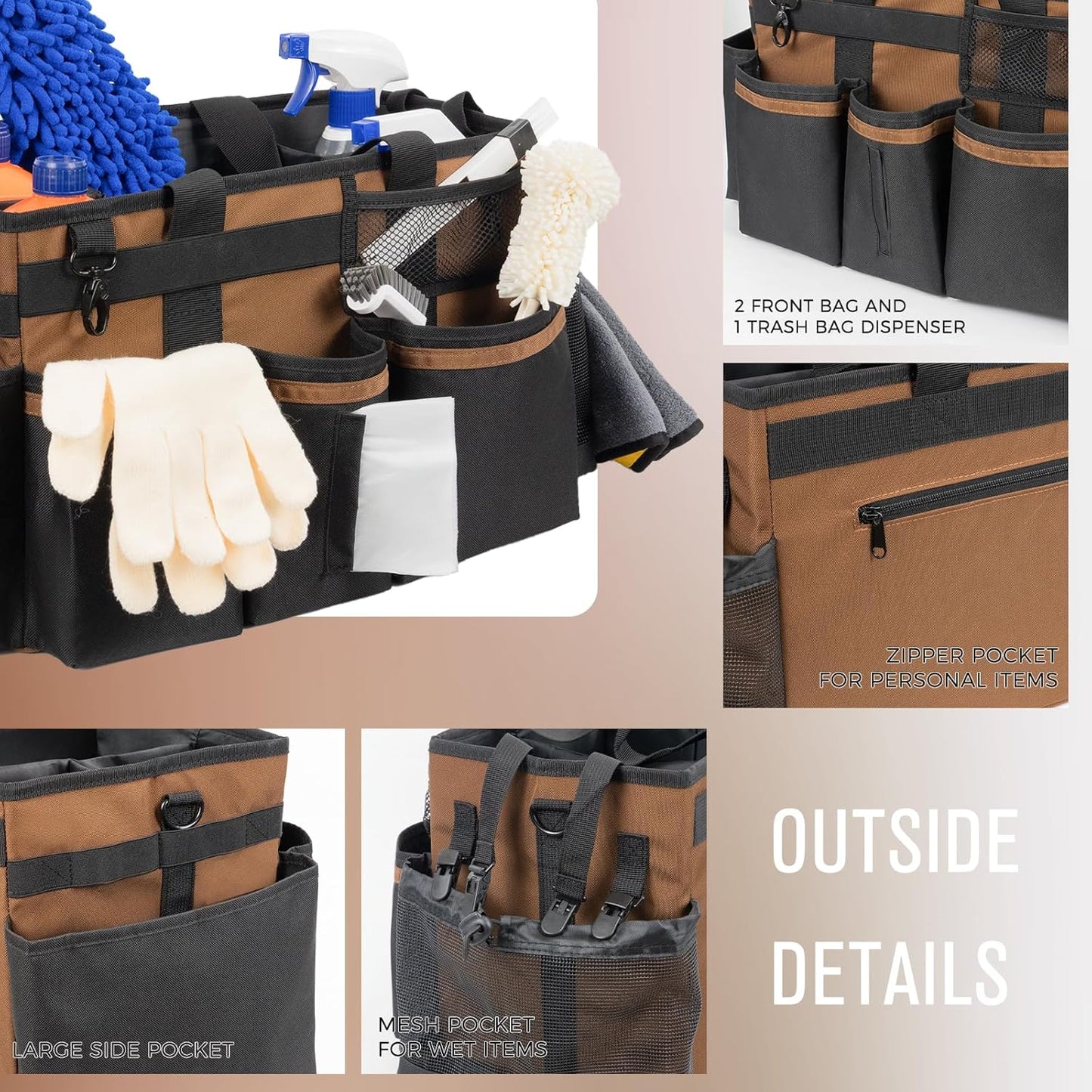 Wearable Cleaning Caddy, Cleaning Caddy Supplies Organizer with Handle & Shoulder Straps for Housekeepers, Under Sink & Car Cleaning Tool Organizers Bag with 4 Foldable Divider (Brown)