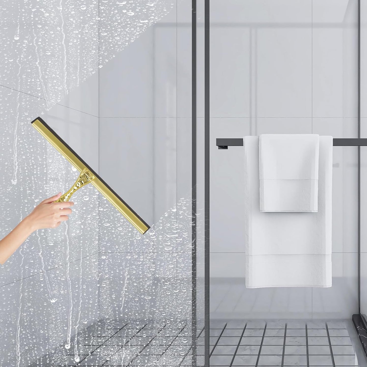 All-Purpose Silicone Shower Squeegee for Shower Glass Door,with 1 Hooks,for Bathroom Glass, Car, Tile Wall, Mirror Cleaning - Flower Shaped Handle for Easy-Grip 14 Inch Golden