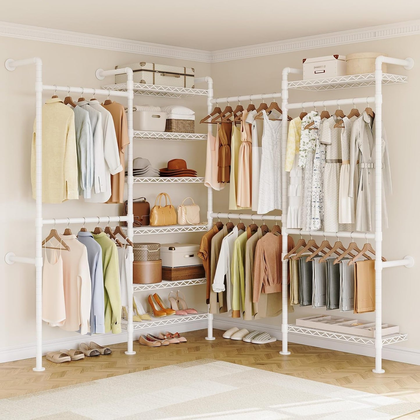 ONBRILL L4 Wall Mounted Industrial Pipe Clothing Rack, Closet Organizer System with 6 Hanging Clothes Rods ( 4 Expandable Rods) & 8 Shelves, Heavy Duty Corner Garment Rack, Large Wardrobe - White