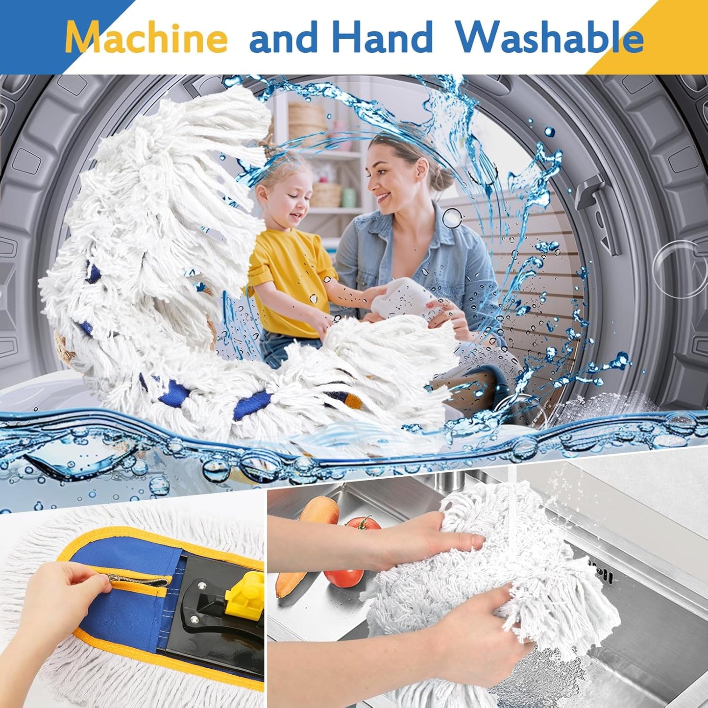 16 Inch Commercial Dust Mop Replacement Heads, 2 Pack Heavy Duty Industrial Cotton Mop Refill Pads Washable for Hardwood Vinyl Laminate Floors Kitchen Warehouse Courtyard Cleaning,Blue