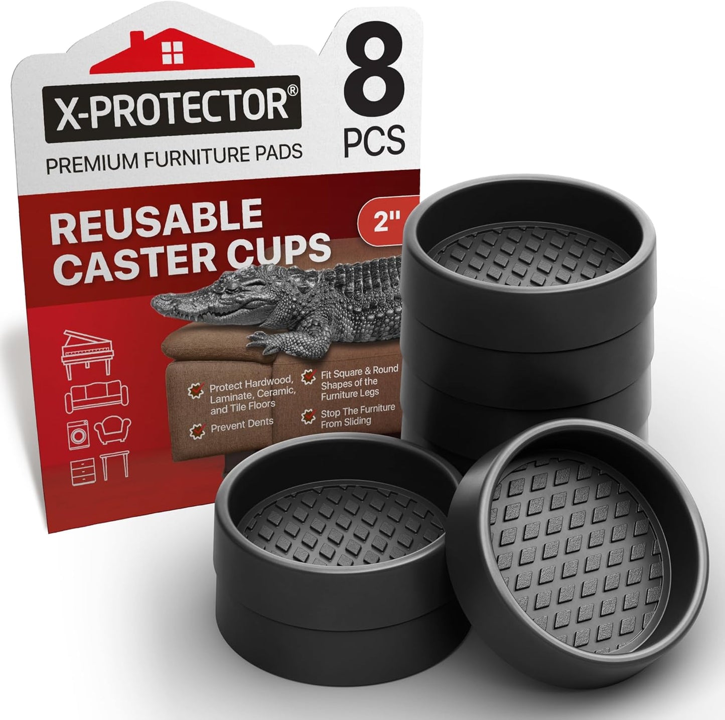 Furniture Cups X-PROTECTOR – 2" Caster Cups 8 PCS – Round Furniture Coasters – Ideal Bed Stoppers – Non Skid Furniture Pads with a Perfect Design – Rubber Furniture Pads - Protect Any Flooring!