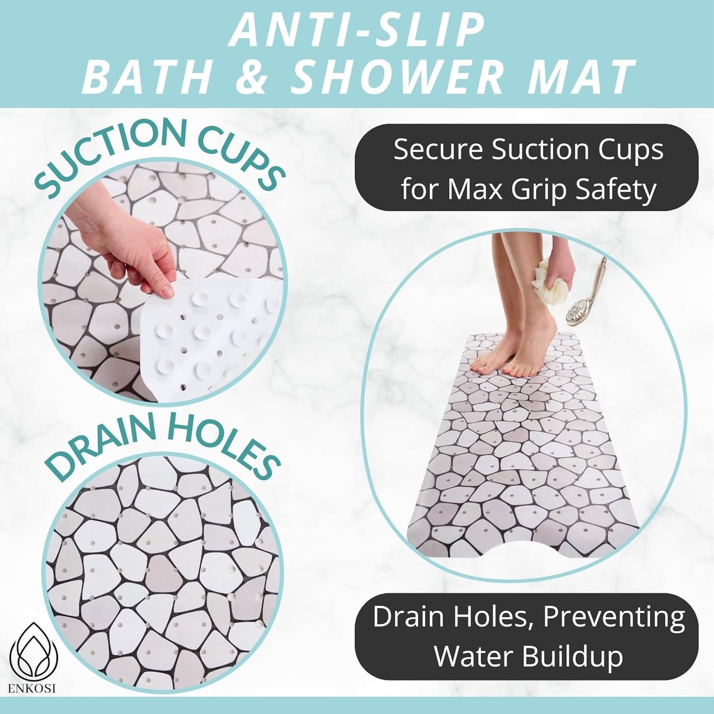 ENKOSI Bath Mat – Large 40 x 16 Inch Non-Slip Bathtub Mat with Secure Suction Cups & Drain Holes – Extra Long Bathroom Shower Mat for Tub with Grey Pebble Design (Grey Pebble 40x16)