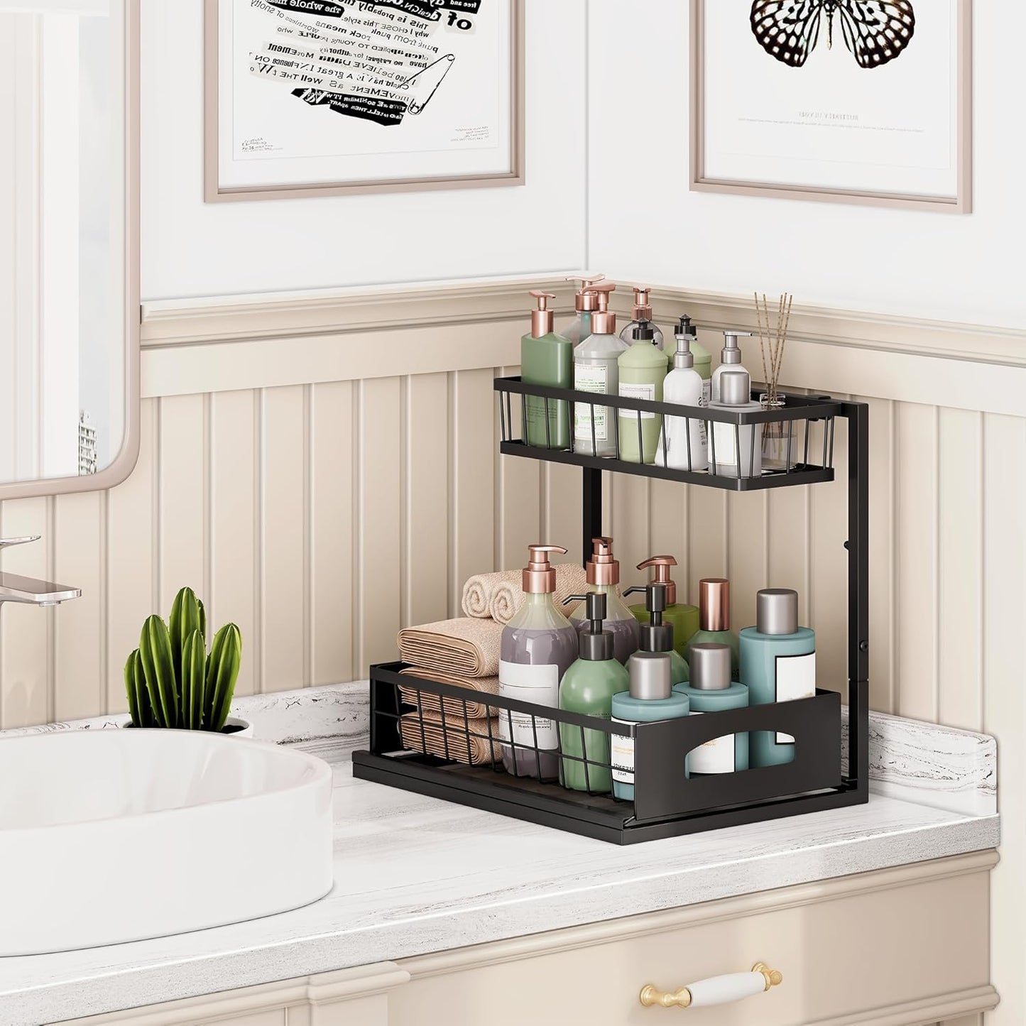 Under Sink Organizer, 2 Pack Height Adjustable Cabinet Organizer with Slide Out Drawer, Pull Out Under Sink Storage, Multi-Purpose 2 Tier Sink Shelves for Kitchen Bathroom Pantry (Black, 2 Pack)