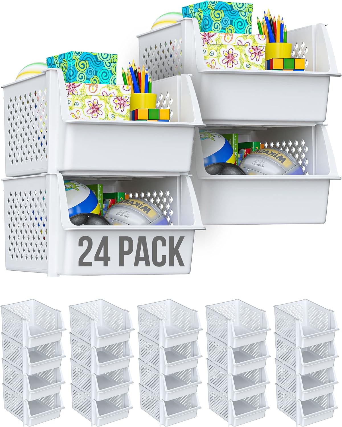TidyFriend Plastic Stackable Bins for Pantry, 24 Pack Large Stacking Bins Open Front Kitchen, and Bathroom Organization, Open Front Design (White)
