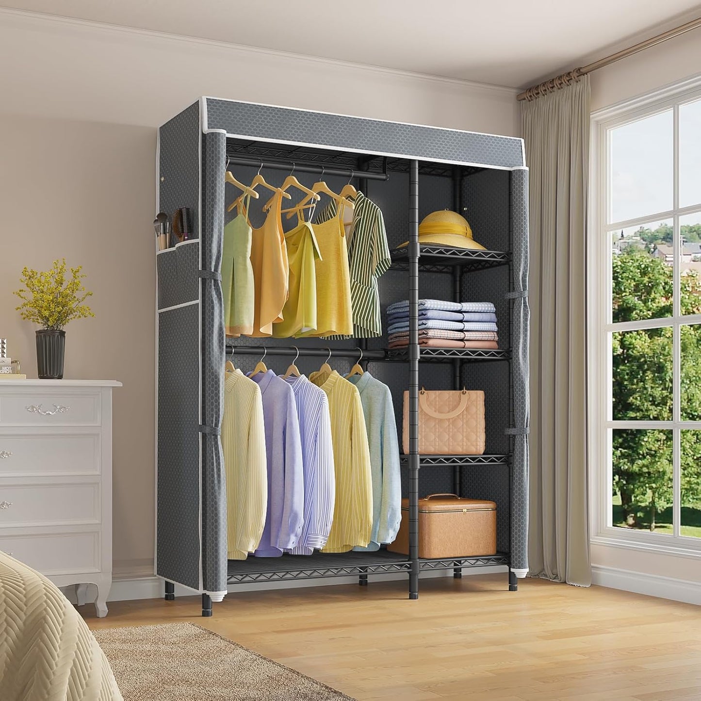 VIPEK V7C Garment Racks with Cover Portable Closets for Hanging Clothes, Heavy Duty Clothes Rack with Shelves Metal Closet Wardrobe, Max 670lbs, Black Rack with Grey Upgraded Polyester Cover