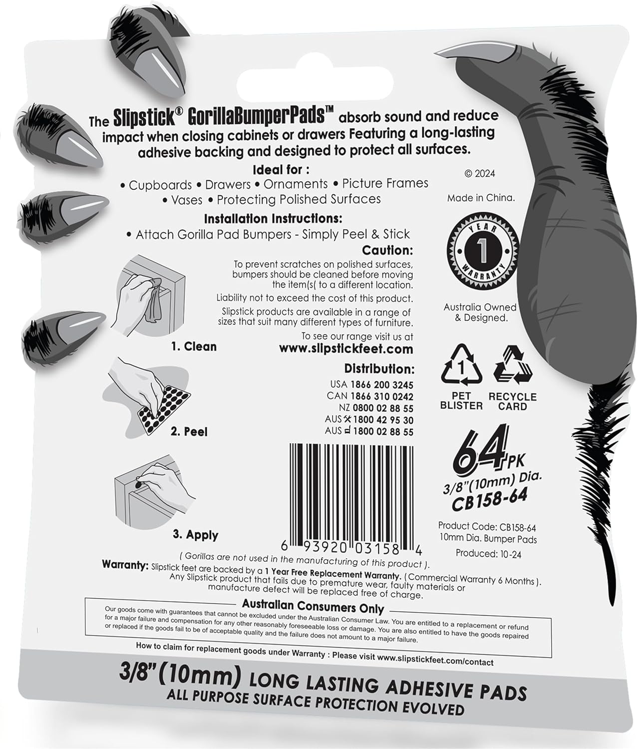 Slipstick GorillaBumperPads Premium Cabinet Door Bumpers 3/8” Round Non Slip Pads, Cabinet Stoppers, Bumpers for Drawers, Cupboards, Cutting Boards, Glass Tops, Picture Frames, 64 Gripper Dots