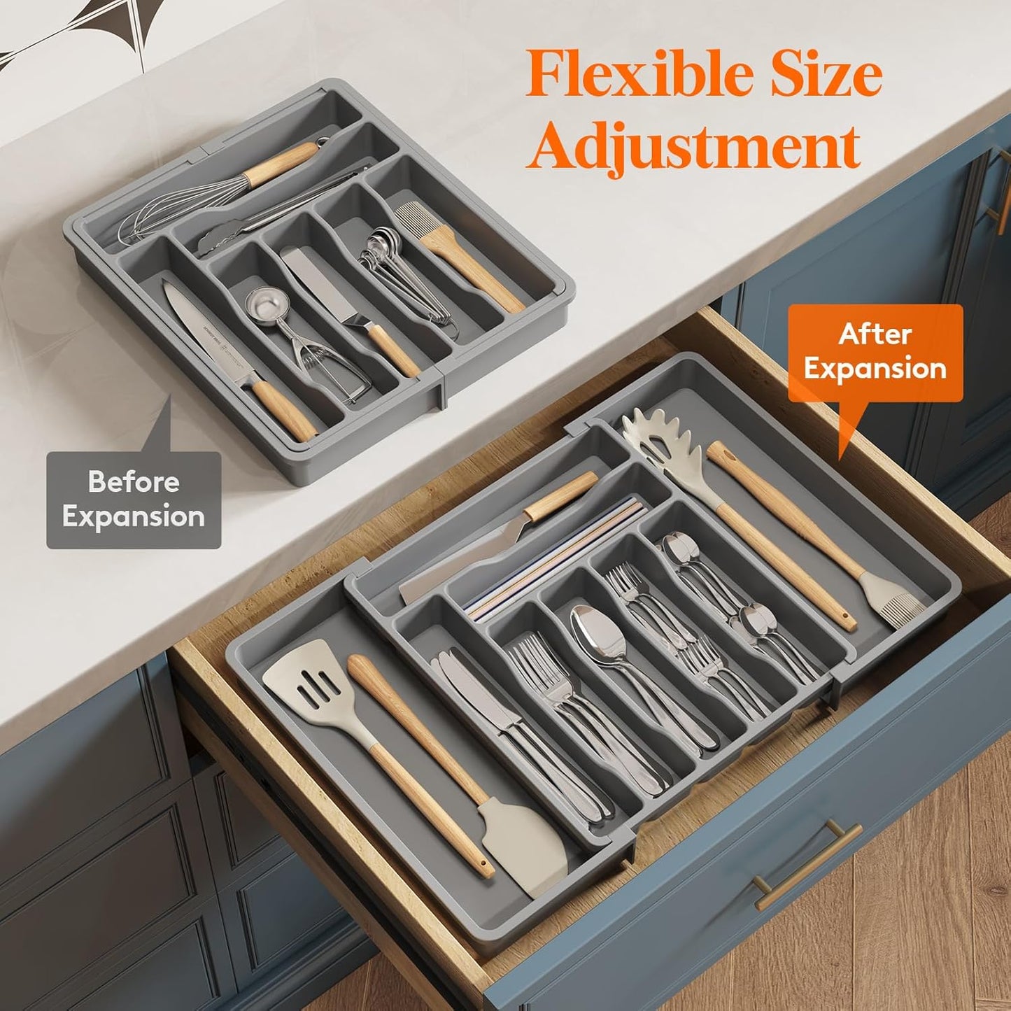 Lifewit Silverware Drawer Organizer, Expandable Utensil Organizer for Kitchen Drawers, Adjustable Cutlery and Flatware Tray, Plastic Spoons Forks Knives Holder Storage Dividers, Large, Gray