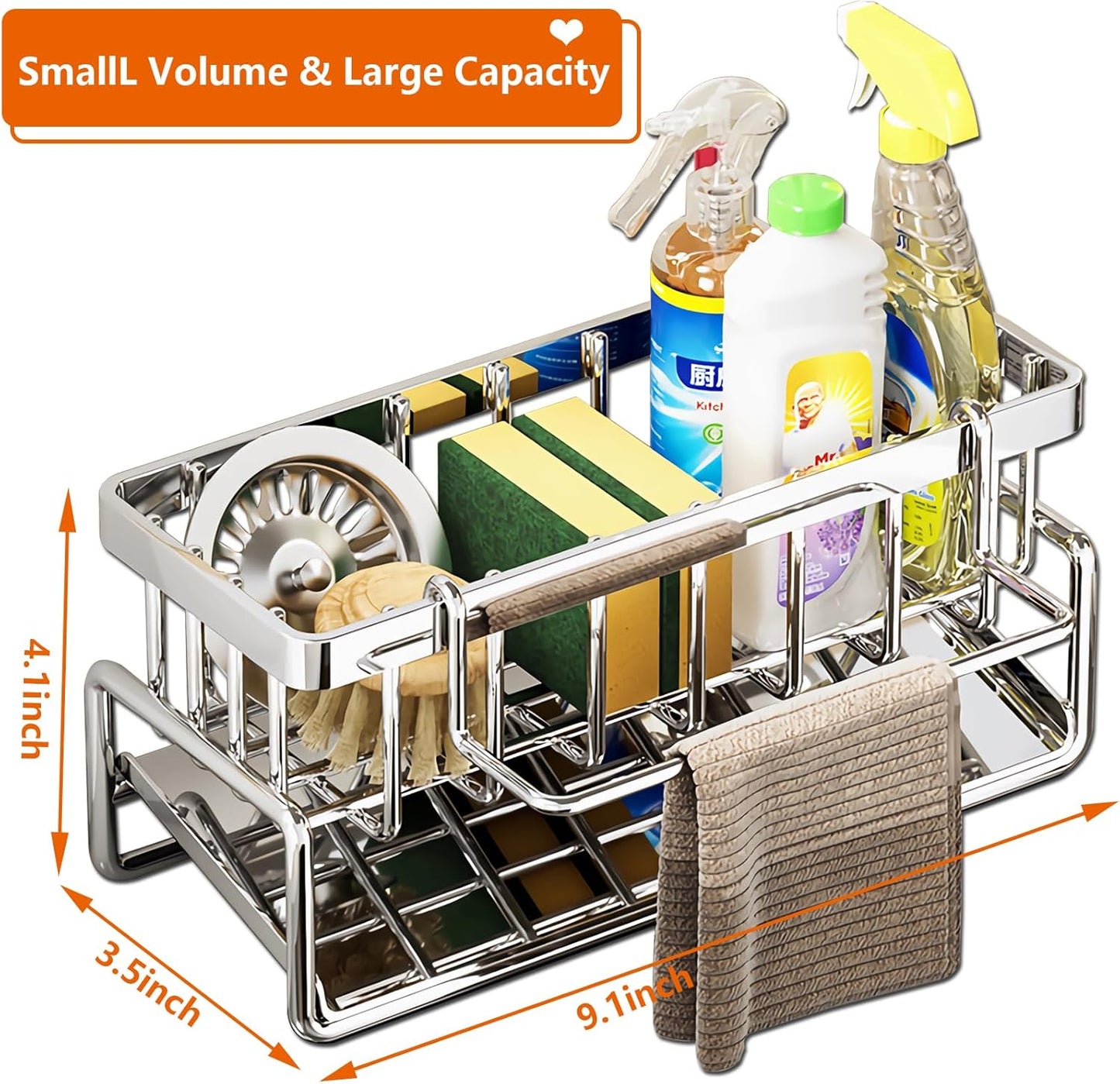 Sponge Holder for Kitchen Sink, Sink Caddy Organizers Stainless Steel,30°Tilt Self-Drainage,Sponge Holder with Dish Brush Holder,Removable Dishcloth Rack for Kitchen Storage Box,Silver