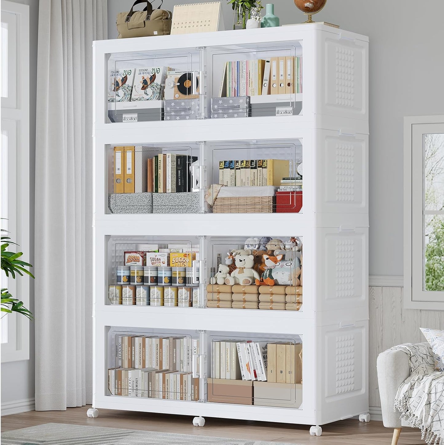 160GAL Extra Large Storage Bins with Lid, 640Qt Stackable Closet Organizers and Drawers, Collapsible Storage Bins with Wheels, Folding Storages Cabinet for Home Bedroom Office, 4Pack White