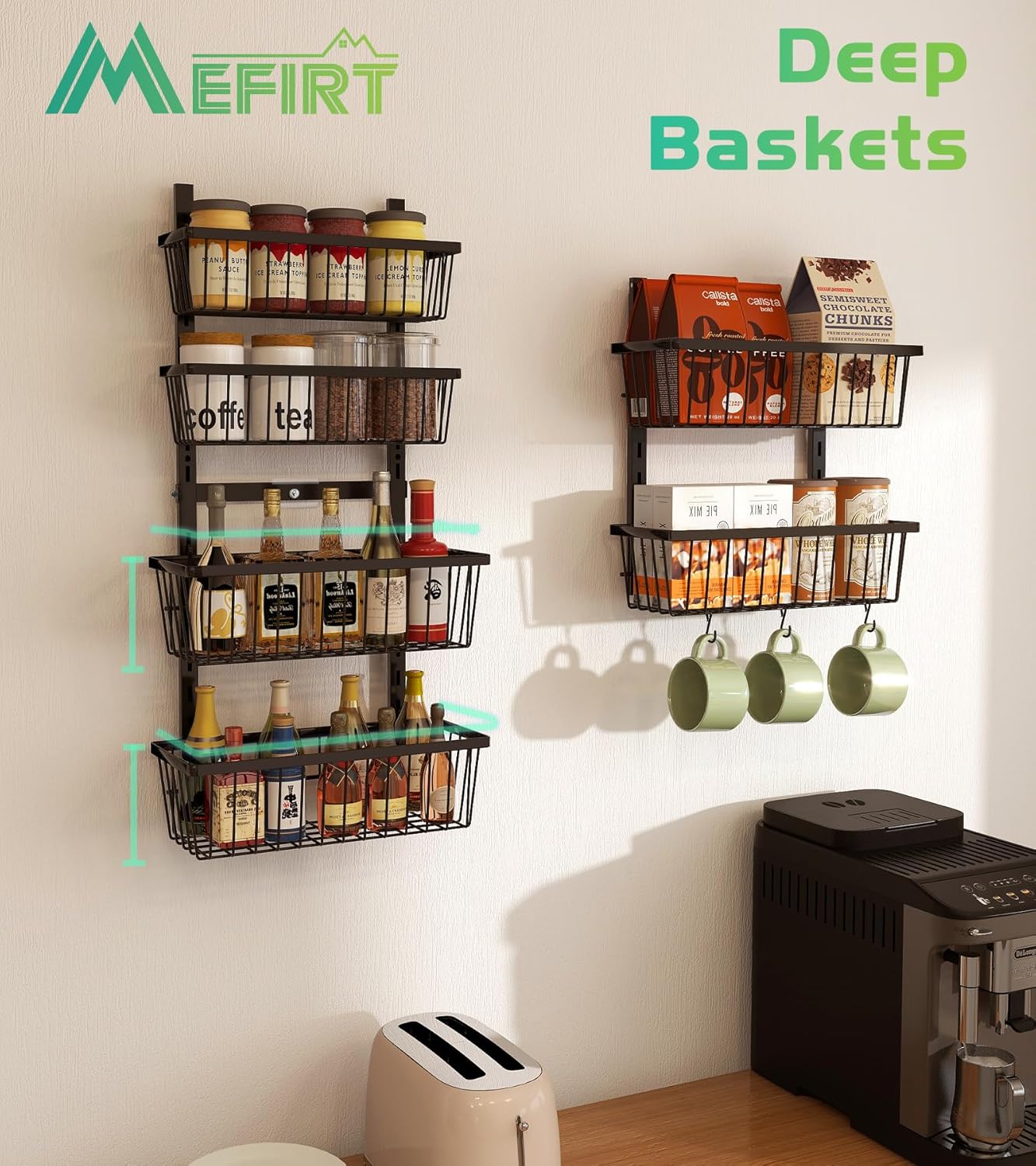 12 Inch Wide Narrow Over The Door Pantry Organizer, Pantry Organization and Storage, Black Metal Hanging Deep Basket Wall Spice Rack Seasoning Shelves, Home & Kitchen Essentials, Apartment