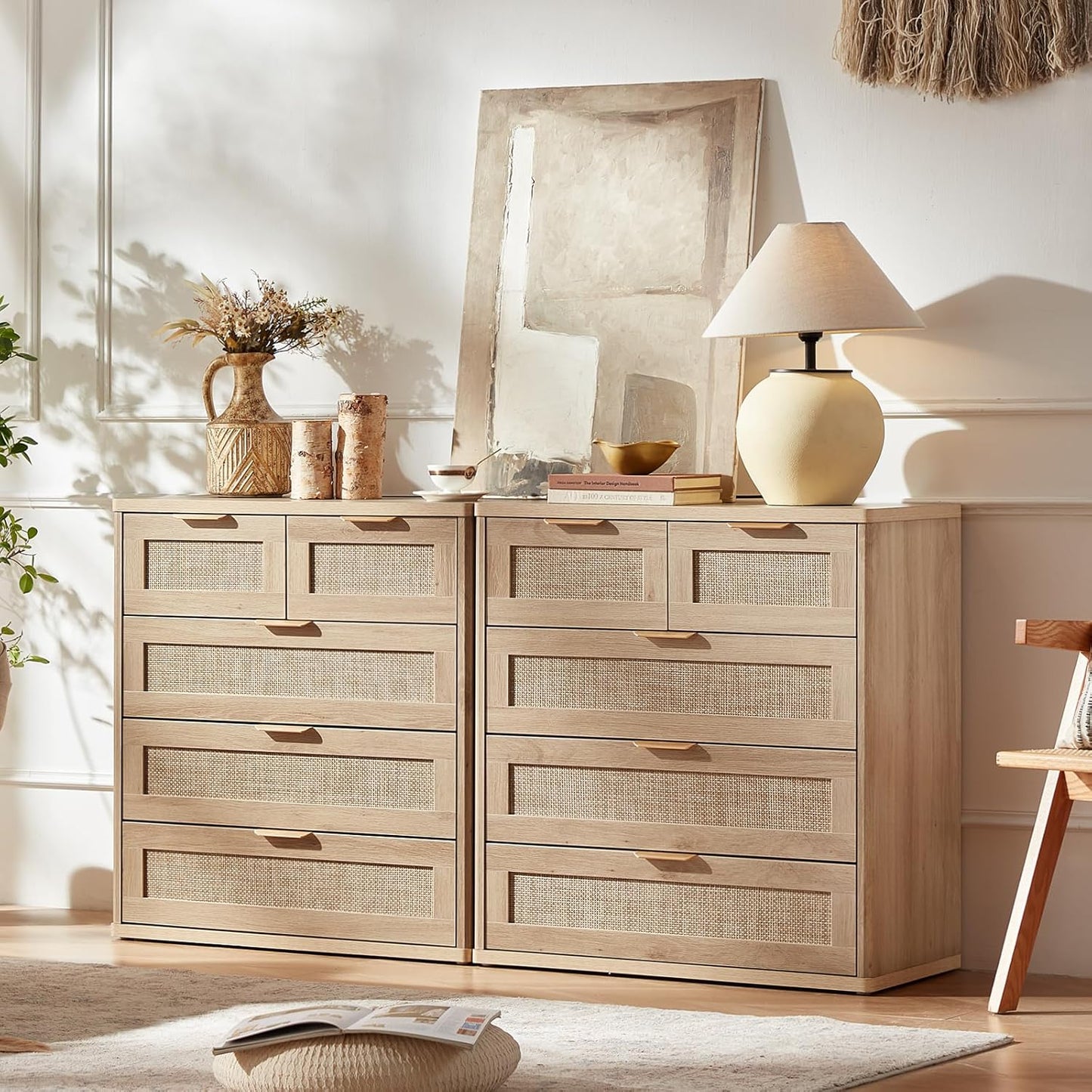 LEYAOYAO Rattan Dresser for Bedroom, 33.5" Tall Chest of Drawers, Modern 5 Drawers Boho Dressers with Storage, Light Oak Dresser Wooden Closet Organizer for Living Room, Hallway, Natural Wood