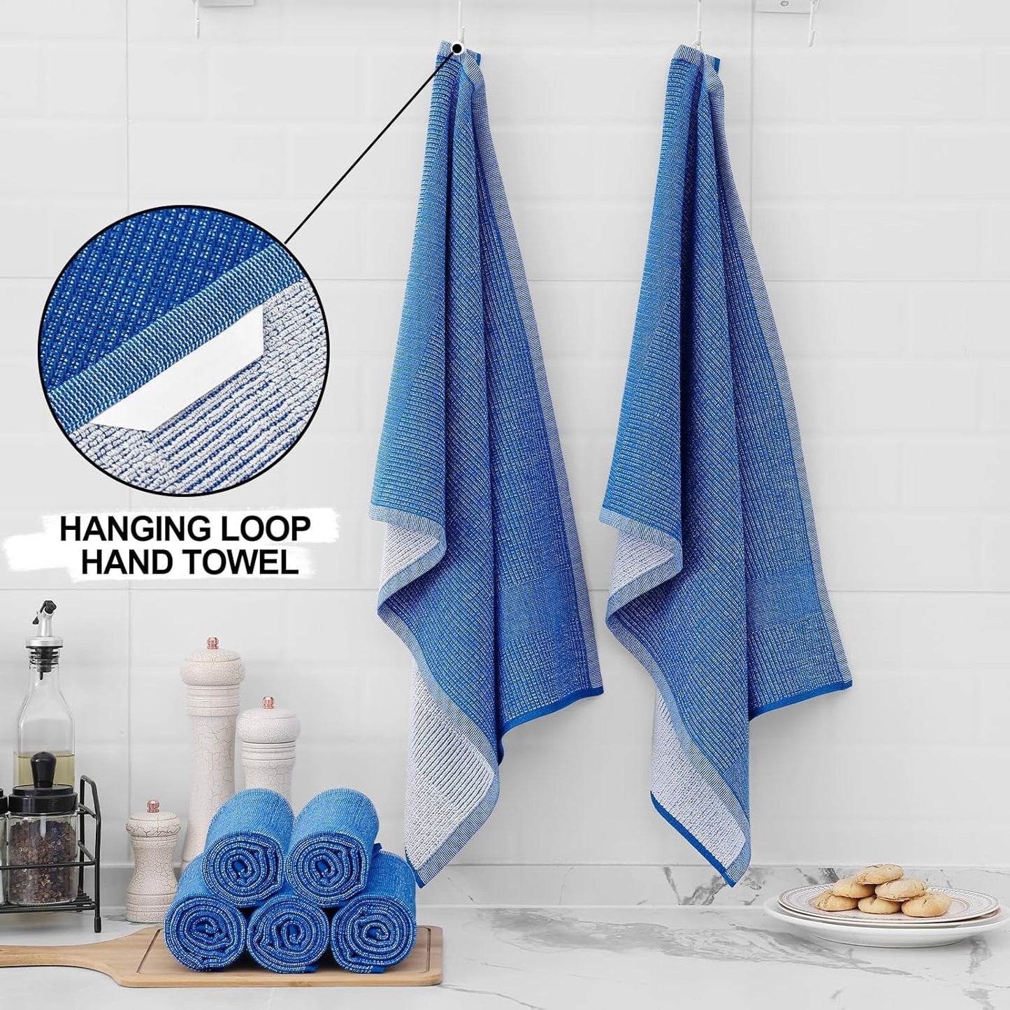 Homaxy Premium Kitchen Towels(18”x 28”, 12 Pack), Large Cotton Kitchen Hand Towels, Flat and Terry Dish Towels, 380 GSM Highly Absorbent Tea Towel Set with Hanging Loop, Blueberry