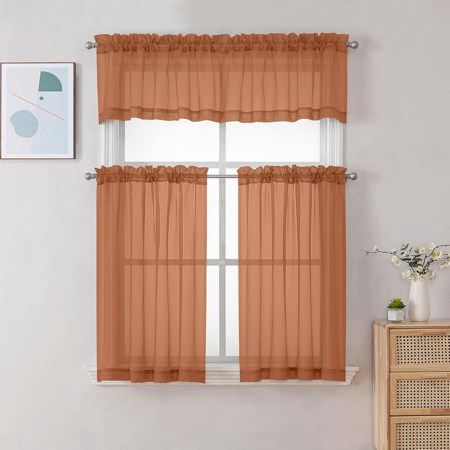 Chyhomenyc Orange Sheer Curtains 36 inch Length 2 Panels, Light Filtering Voile Rod Pocket Short Window Curtians for Bathroom Living Room Farmhouse Small Windows, 42Wx36L inches
