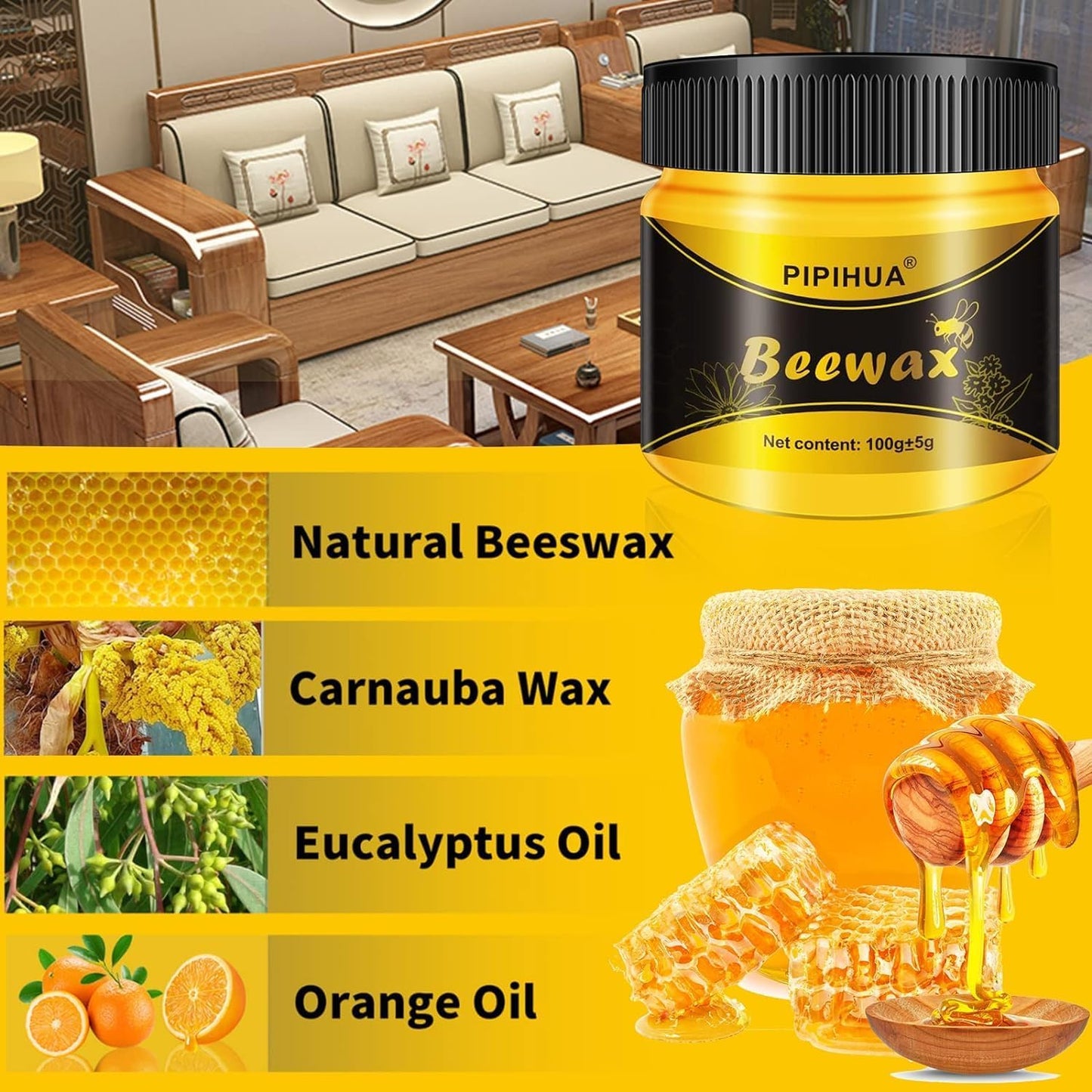 PIPIHUA Beeswax Polish and Conditioner for Wood Furniture - Waterproof & Restorer Wood Wax, Multipurpose Beeswax Furniture Polish and Cleaner for All Types and Colours(2×100g with 4 Sponges)