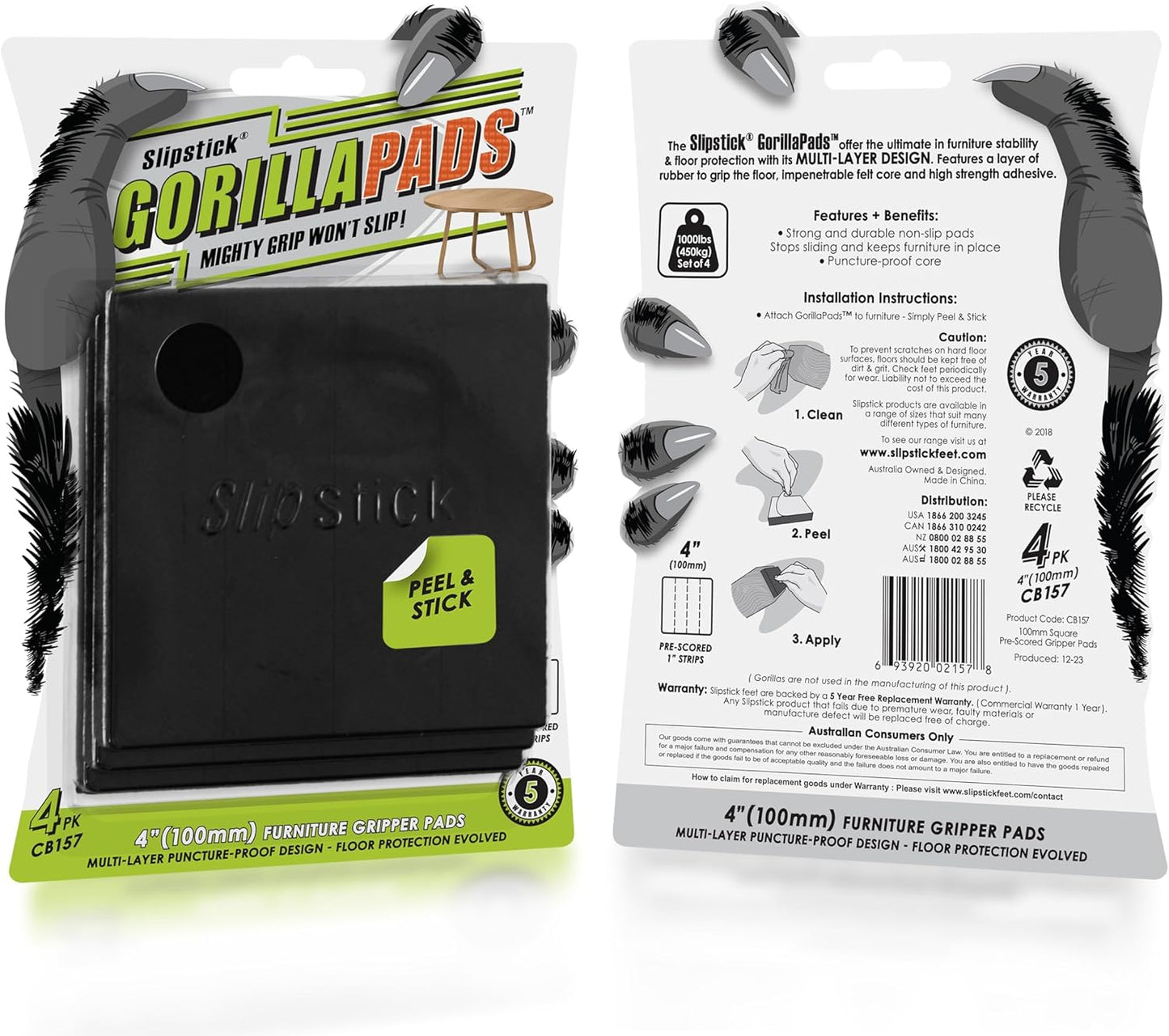 Slipstick GorillaPads Non Slip Furniture Pads/Gripper Feet Floor Protectors (Set of 4) Premium 4 Inch Pre-Scored Square Self Adhesive Rubber Stoppers for Furniture Legs, Black, CB157