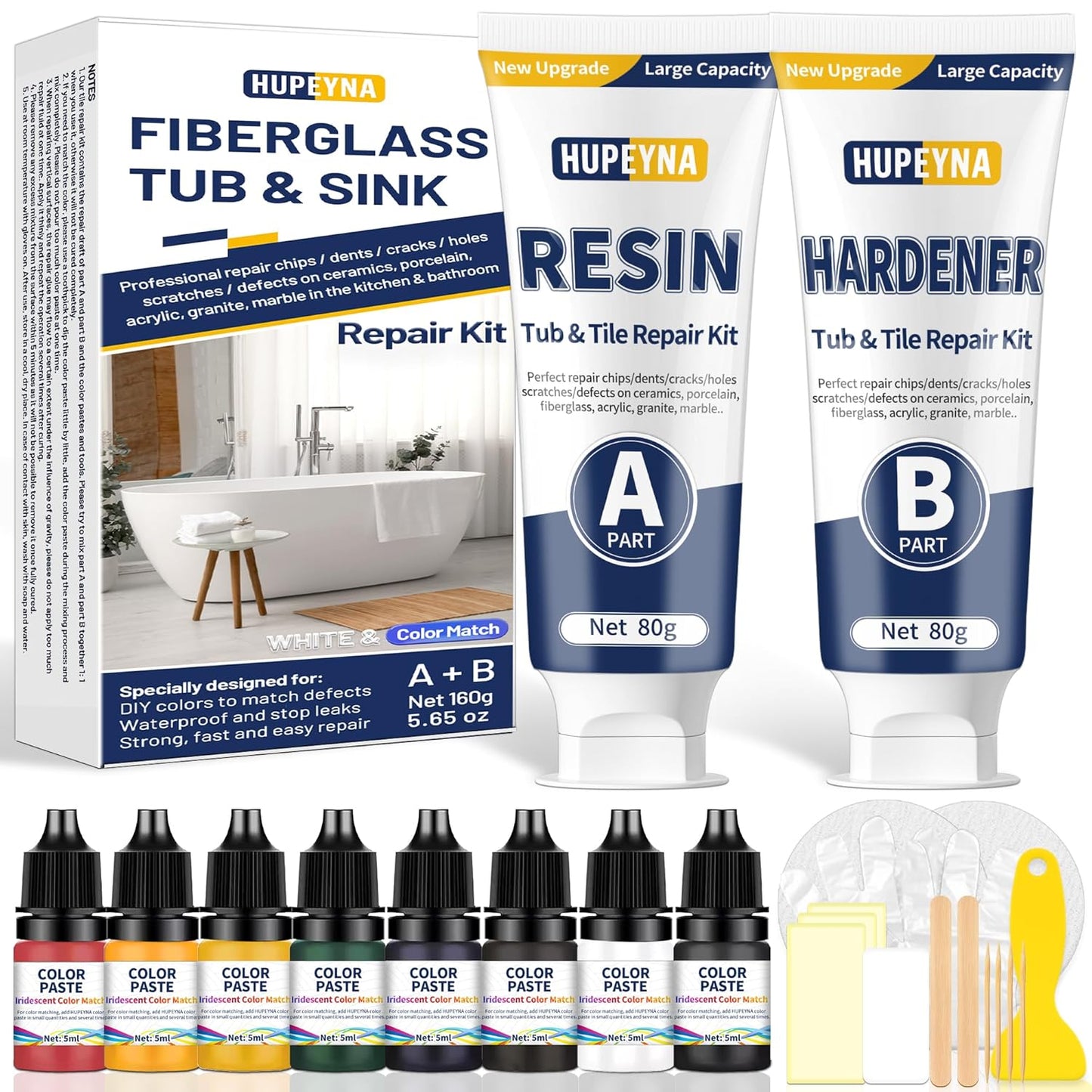 Fiberglass Repair Kit, Bathtub Repair Kit for Tile, Acrylic, Ceramic, Enamel, Kitchen Bathroom Fix Chips Cracks Scratches Rust Holes on Porcelain Sink, Tub, Toilet, Shower Tray, Granite, Marble, Deck