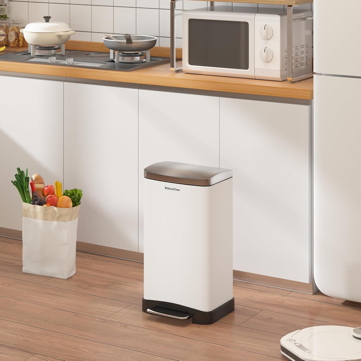 30L/8 Gallon Stainless Steel Garbage Bin with Soft-Close Lid,Step Trash Can with Removable Plastic Inner Bucket, Fingerprint-Proof(White)