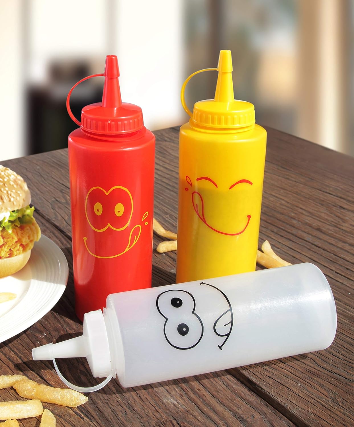 New Star Foodservice 28560 Smiley Faces Squeeze Bottle Set, Plastic, Red, Yellow, and Clear, 12 oz