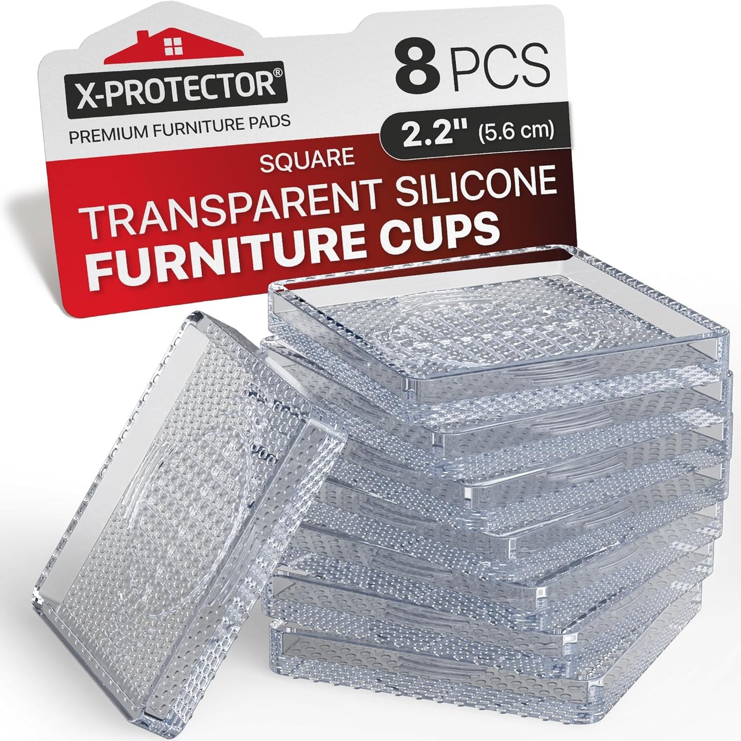 X-Protector Furniture Cups - 8 PCS 2.2" - Non Slip Furniture Pads for Hardwood Floors - Transparent Floor Protectors - Bed Stoppers to Prevent Sliding - Keep Furniture from Sliding on Floor! (Square)