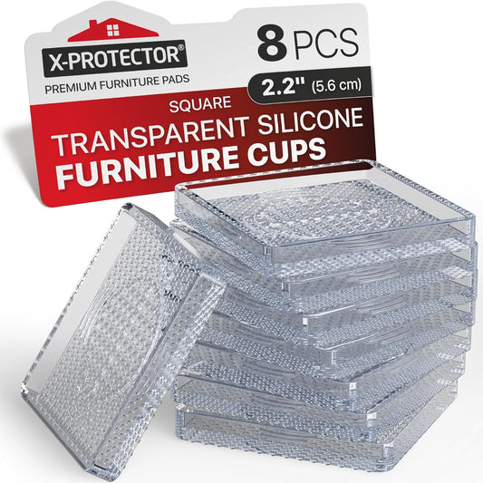 X-Protector Furniture Cups - 8 PCS 2.2" - Non Slip Furniture Pads for Hardwood Floors - Transparent Floor Protectors - Bed Stoppers to Prevent Sliding - Keep Furniture from Sliding on Floor! (Square)