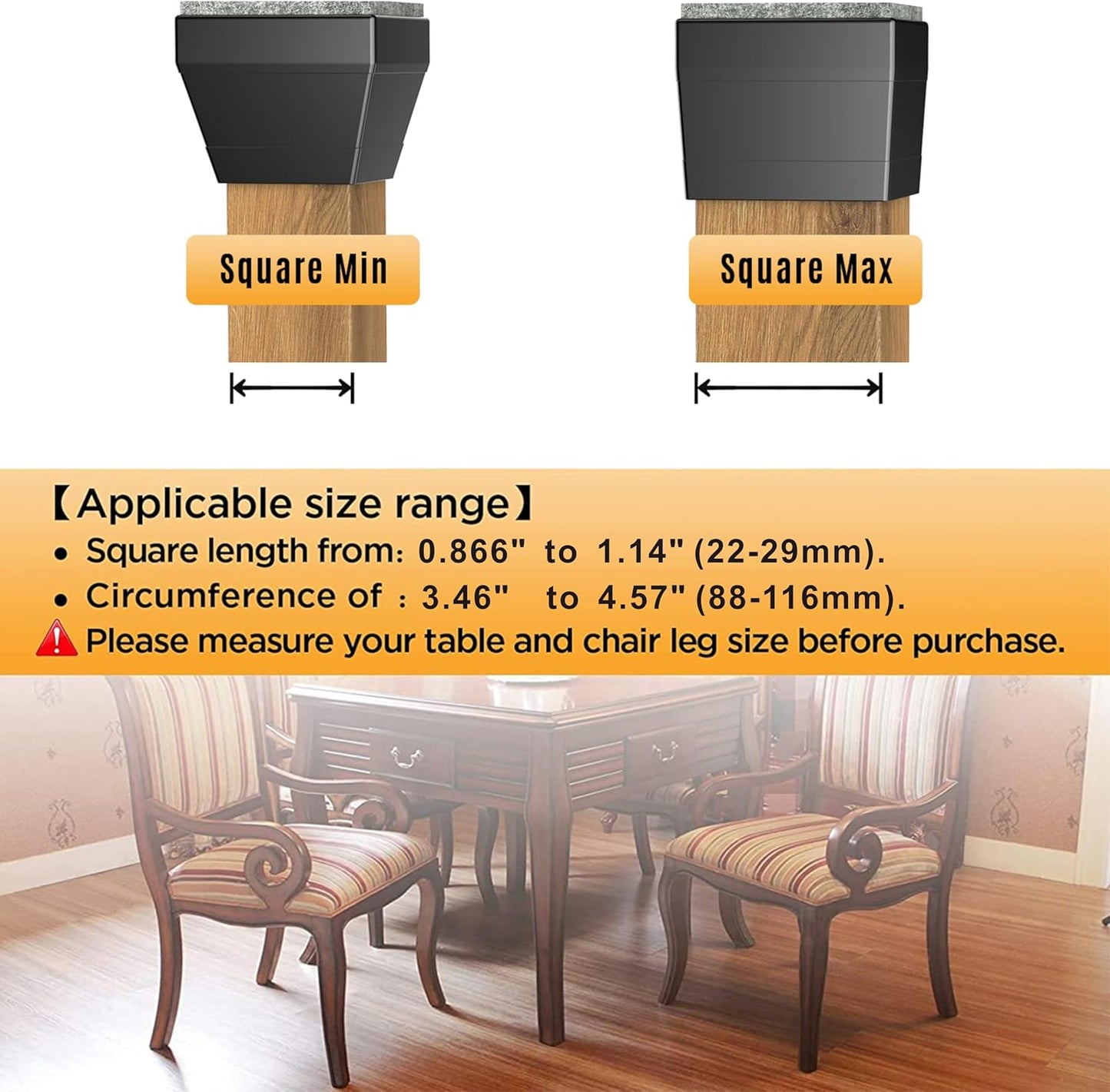 Square Chair Leg Protectors for Hardwood Floors,16 Pcs Silicone Felt Furniture Legs Caps to Prevent Floor from Scratches and Reduce Noise, Easy to Move, (Black, Fit: 0.866-1.14").