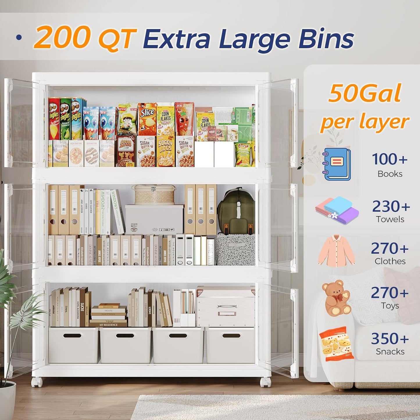 200GAL Large Stackable Storage Bins with Lid and Wheels, 800Qt Collapsible Organizer Cabinet with Clear Door, for Closet, Bedroom, Kitchen, Garage, 4-Pack White