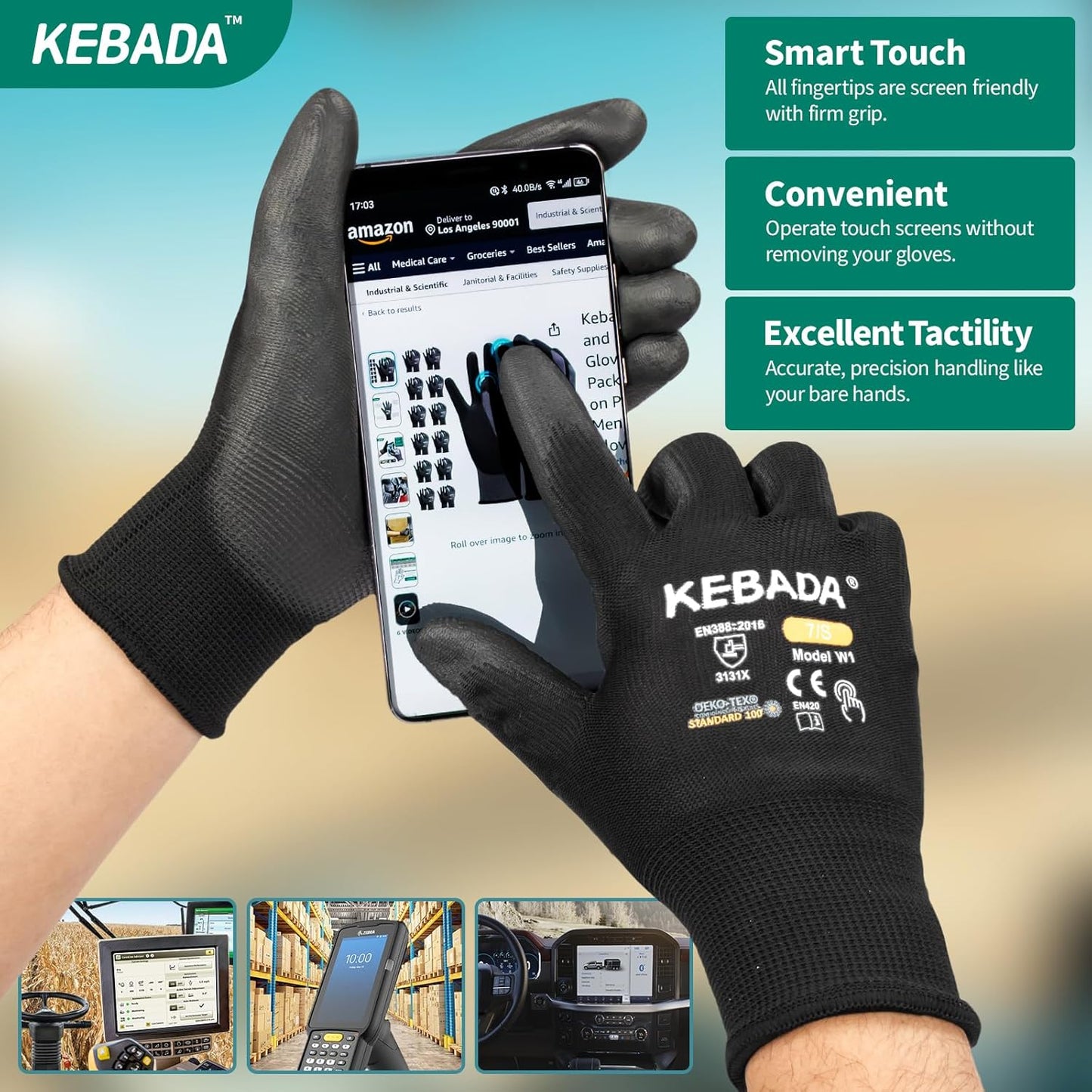 Kebada W1 Work Gloves for Men and Women, PU Coated Safety Gloves with Grip, Touchscreen, Ideal for Warehouse Package Handling, Construction, Gardening, Black Large