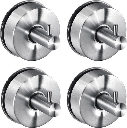 JOMOLA Brushed Stainless Steel Shower & Bathroom Hooks - No Drill Adhesive-Free Suction Cup Hardware, Rustproof Waterproof Metal Wall Mount for Towel Robe, Damage-Free (4-Pack)