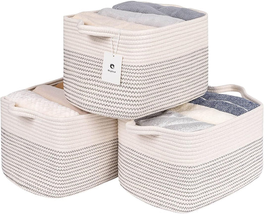 Medium and Large Woven Basket//With Handle, Used for Toys and Fabric Storage Basket used for Storing xl Storage Box, Decorative Storage Box Room 2pack (14L*10W*8.6H White/Black Line, 14Lx10Wx8.6H)