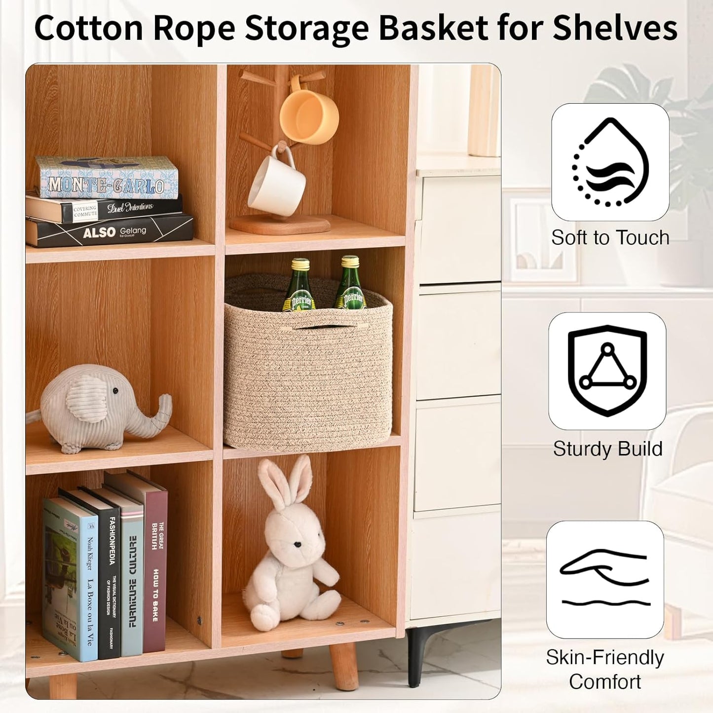 Woven Cotton Rope Storage Basket for Organizing, Cute Decorative Baskets for Gifts Empty, Organizer Bins for Dog Toy, Baby Laundry, 15“×11”×9.5“, Brown