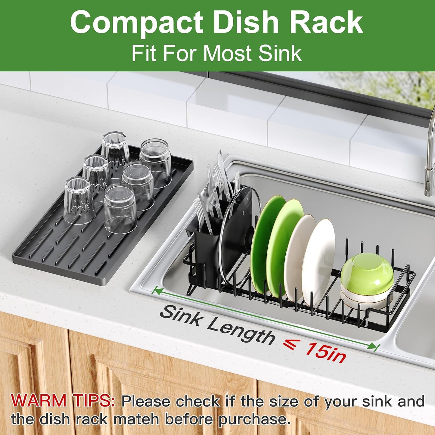 Dish Drying Rack Over the Sink Expandable In Small Black Drainer Dry for Kitchen Counter, Metal Stainless Steel Compact Dishes Drain with Tray, Space Saving Extendable Modern Plate Strainer Holder