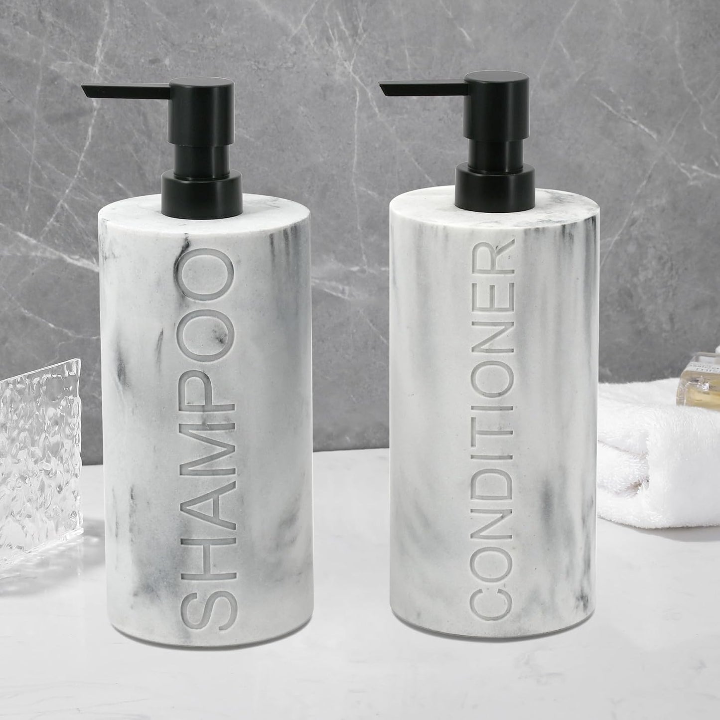 Marble Resin 2 Piece Shampoo and Conditioner Dispenser Set, Luxurious Refillable Pump Bottles with Matte Pump Top and Embossed Text, Durable Design for Bathroom and Shower