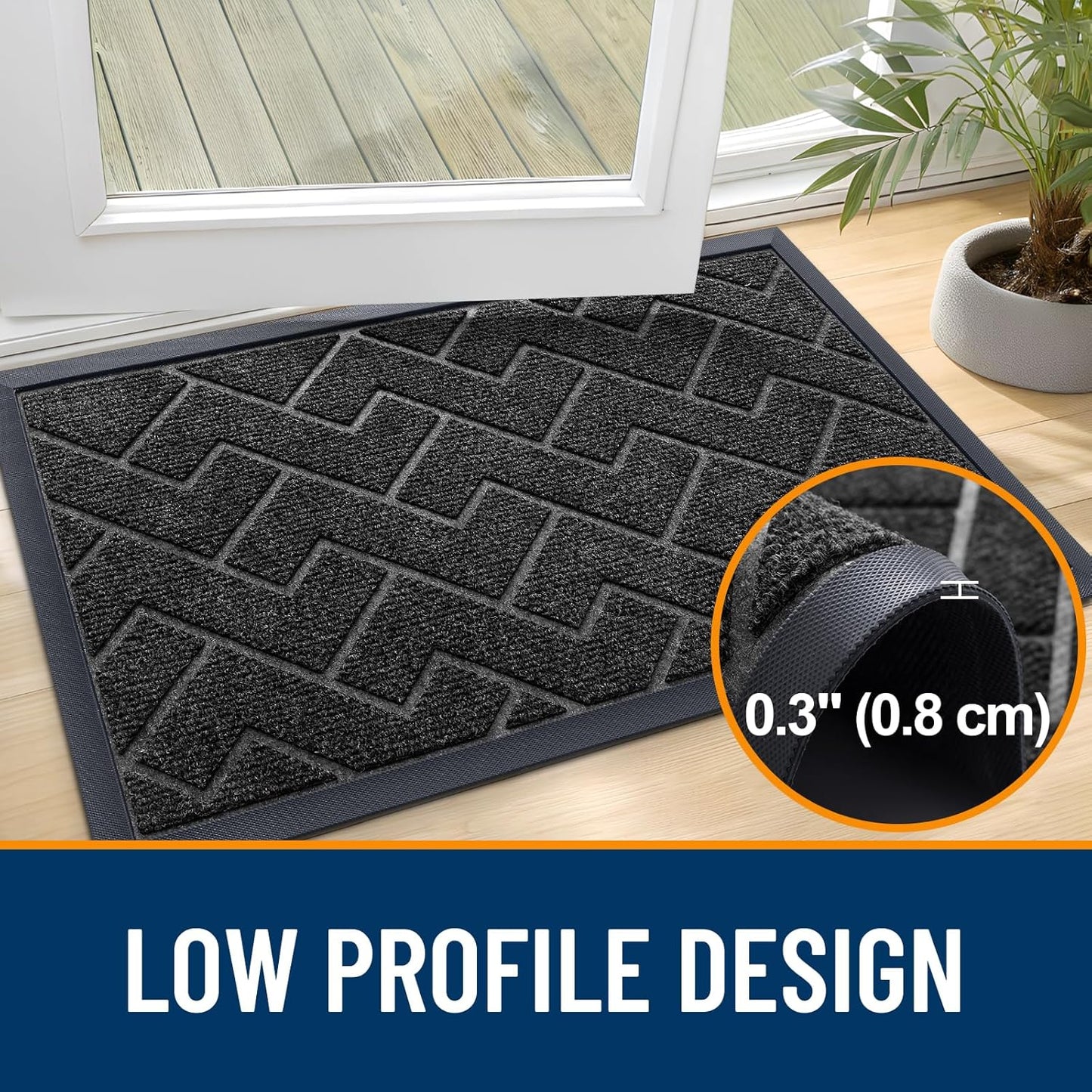 OLANLY Front Door Mat Indoor Outdoor Entrance, Waterproof All-Season, All-Weather Doormat, Sturdy Natural Rubber, Low Profile, Easy Clean Patio Porch Entryway Mat, Herringbone Brick (Black, 59x23)