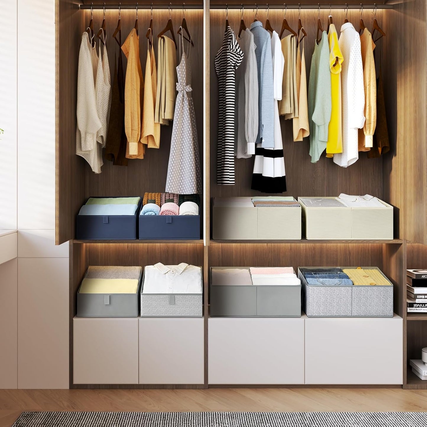 DIMJ Closet Storage Bins 6 Pack - Fabric Trapezoid Closet Organizer Bin, Foldable Storage Baskets for Shelves, Shelf Organizer, Clothing Storage Box for Toys, Books, Towel, Clothes