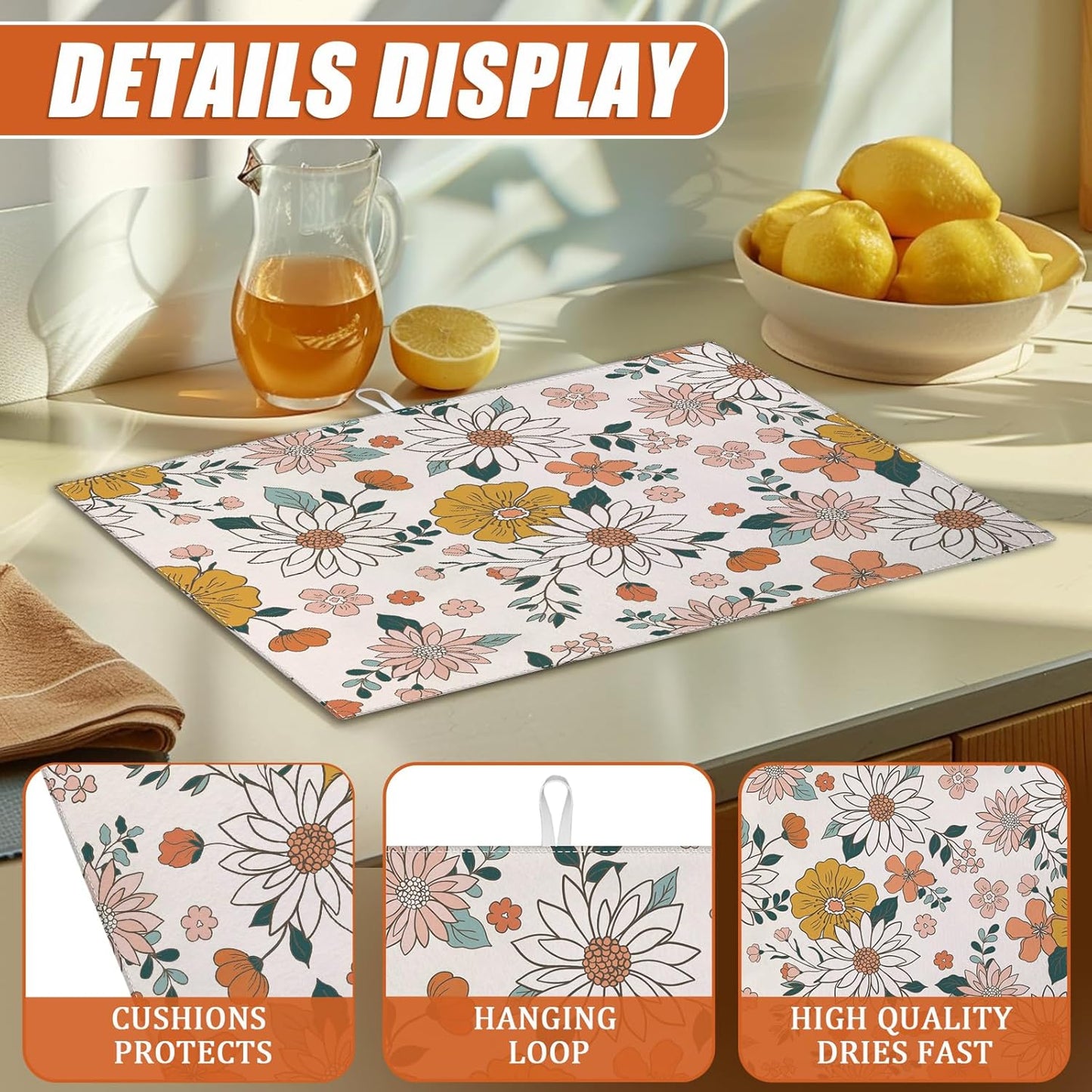 Boho Flower Dish Drying Mat for Kitchen Counter Microfiber Absorbent Dish Kitchen Drying Mat Draining Reusable Washable for Dishes/Utensils/Counterto