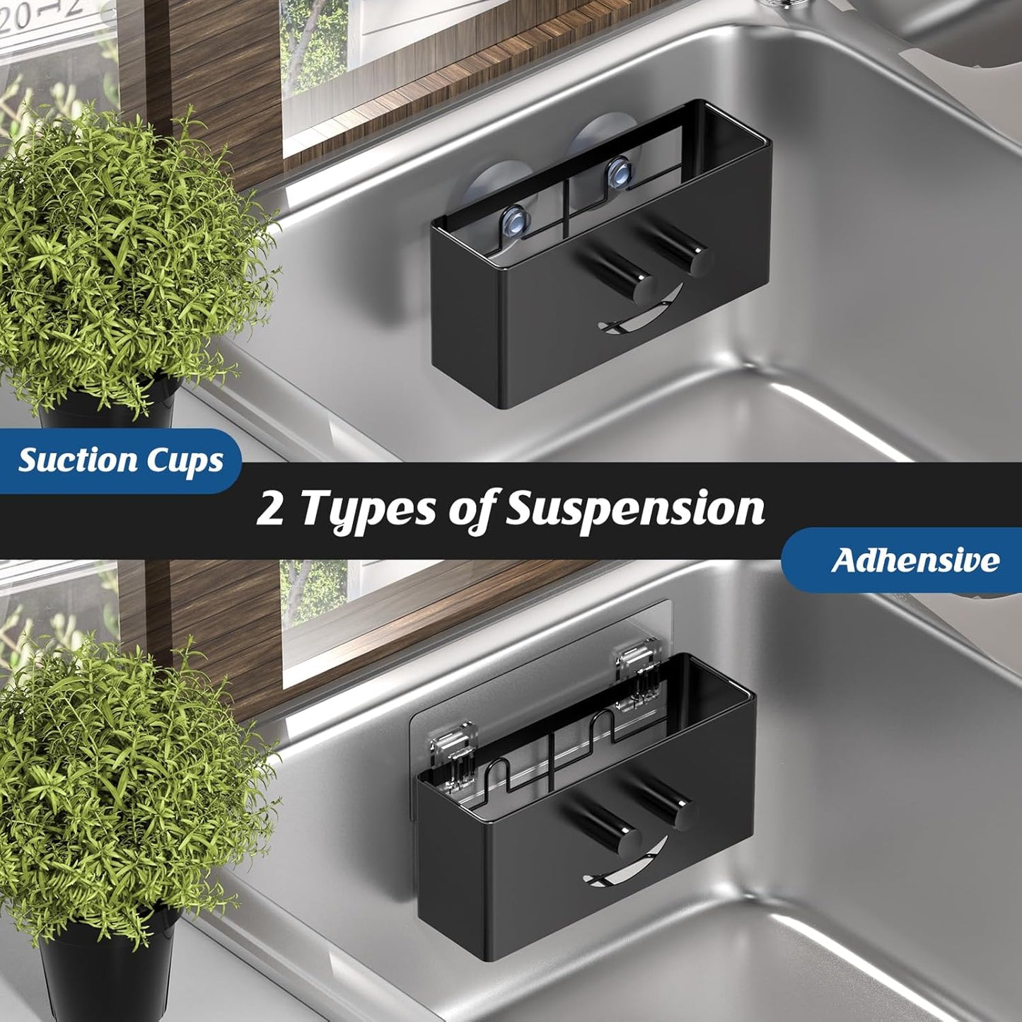 Sponge Holder for Kitchen Sink,Smiley Face Sink Caddy,Sponge Holder Stainless Steel with Suction Cups & 1 PCS Adhesive Strips for Holding Soap,Brush,Scrubber,Sponge-Black