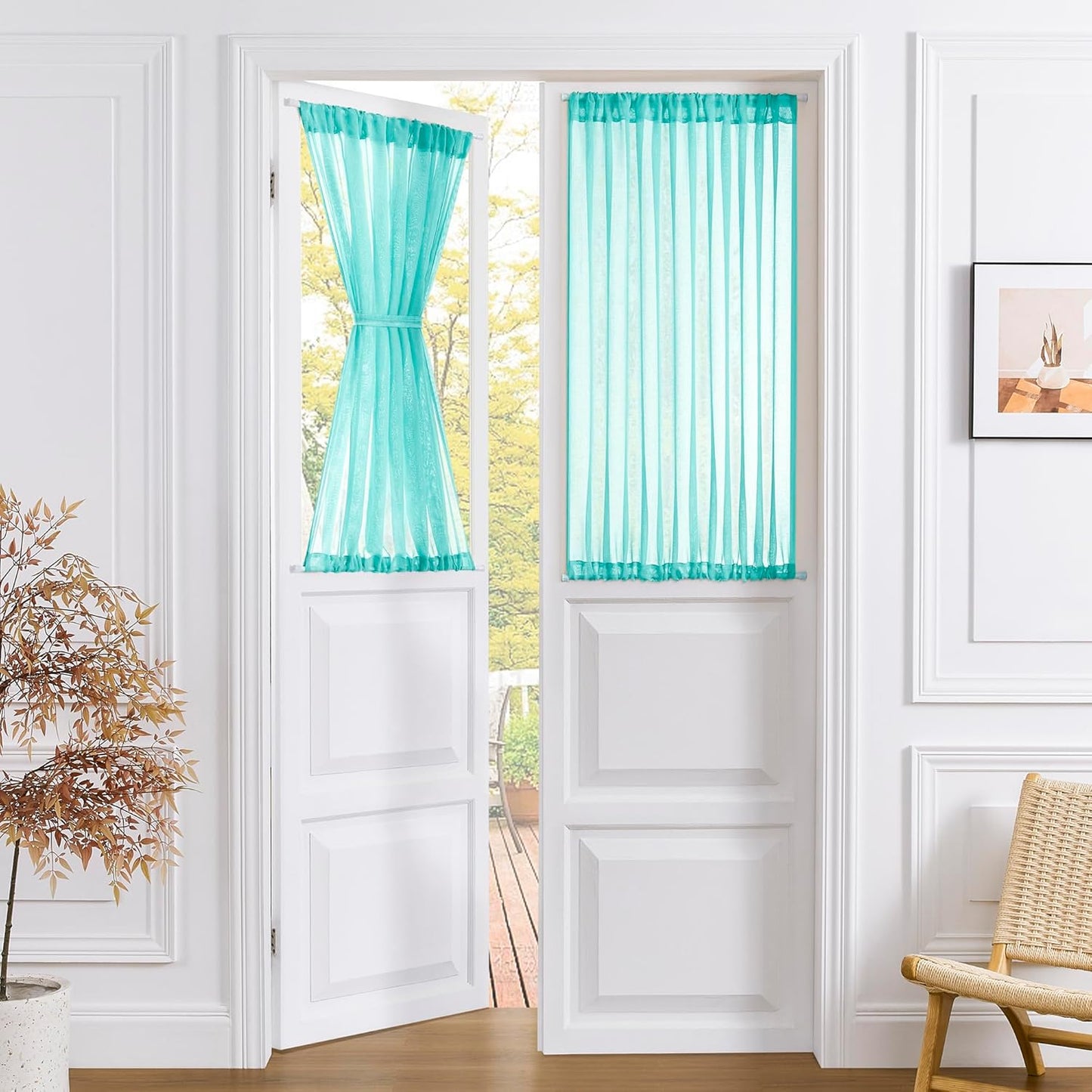 Tollpiz Short Sheer Door Curtains Closet Linen Textured Curtains Sheer Doorway Light Filtering Voile Patio Door Rod Pocket Curtain French Door, 54 x 40 inches Long, Aqua Blue, Set of 1 Panel