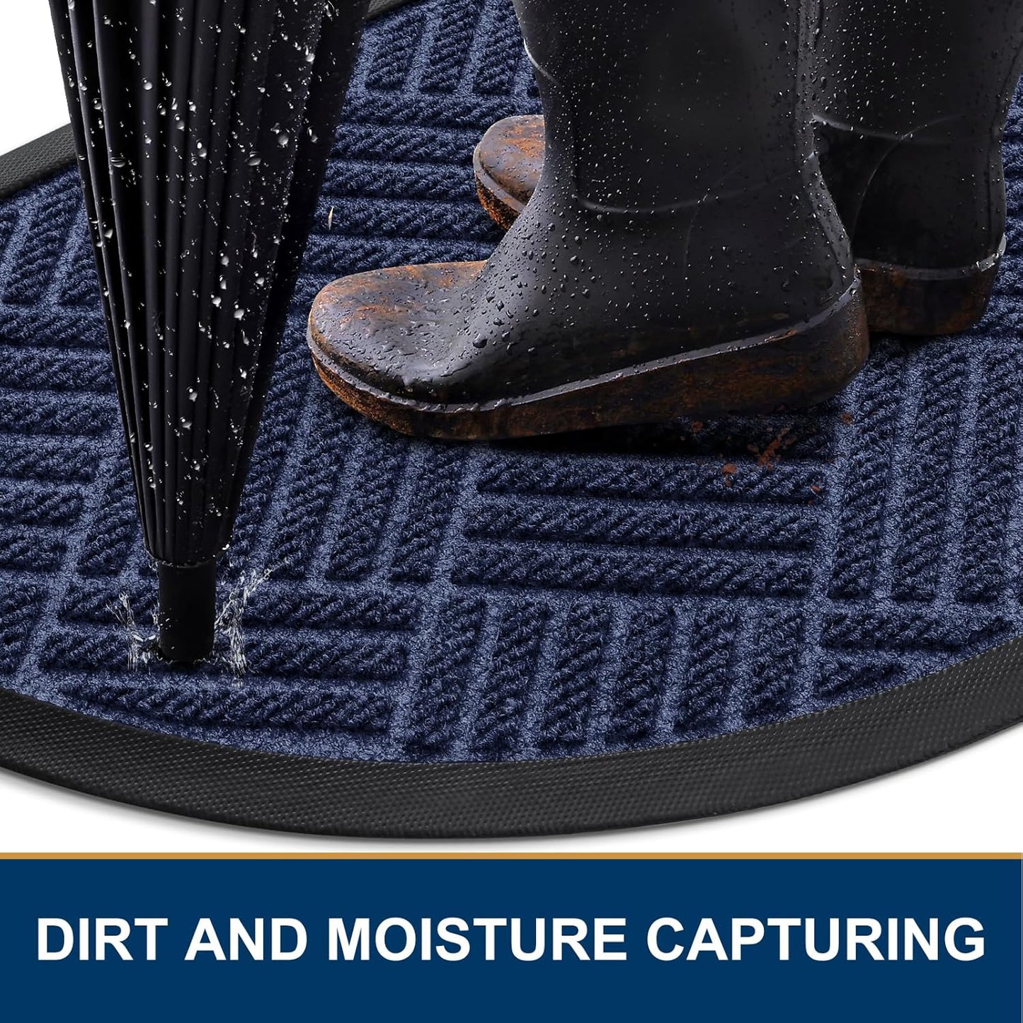 Smiry Half Circle Front Door Mat Outside Entrance, Heavy Duty Outdoor Indoor Natural Rubber Doormat, Non Slip Trap Dirt and Moisture Easy Clean Low Profile Patio Porch Entryway Mat, 29.5x17, Navy Blue