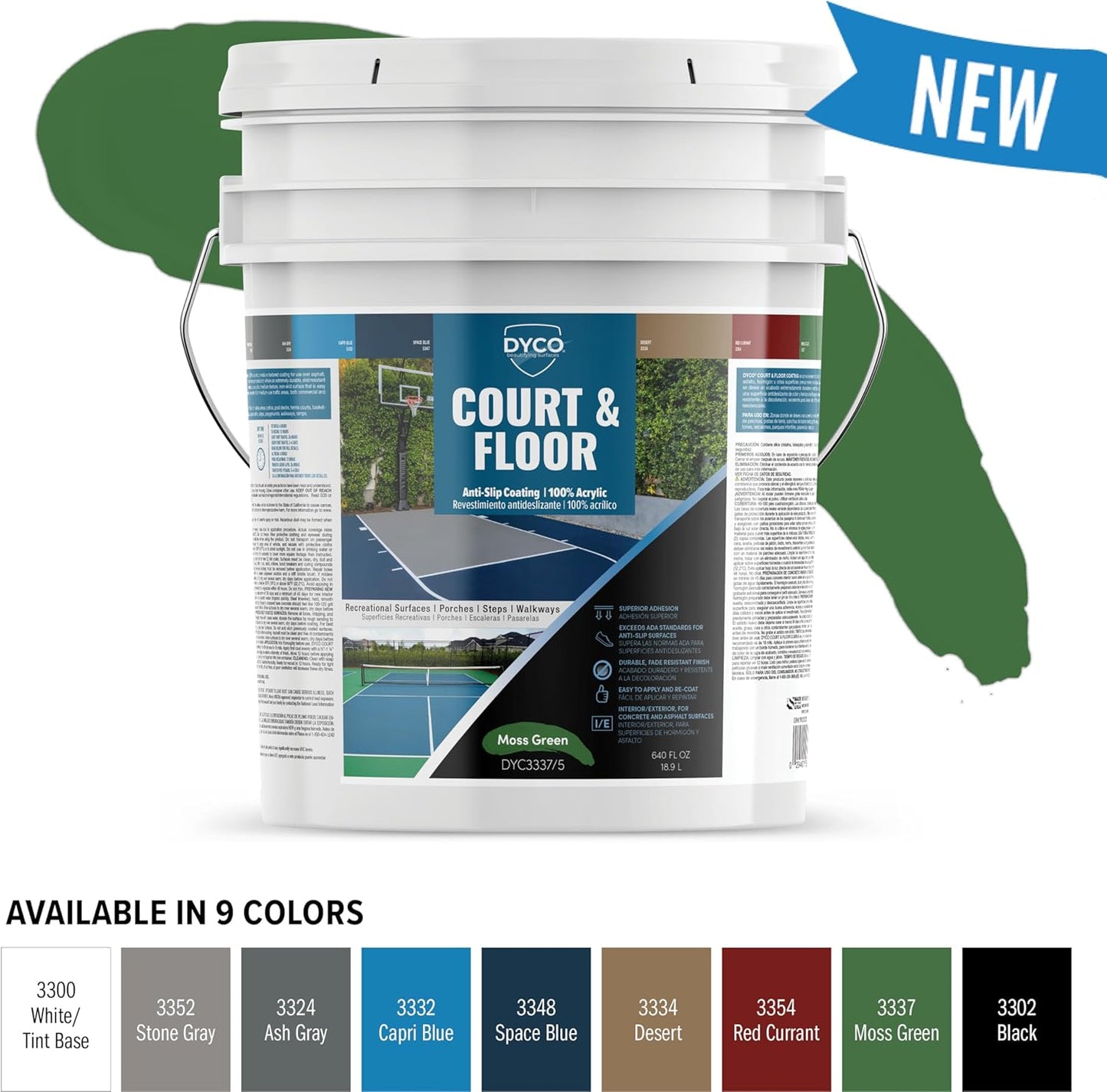DYCO Court & Floor Anti-Slip Coating - Slip Resistant Pavement, Cement & Concrete Paint for Pickleball, Tennis & Basketball Courts, Exceeds ADA Standards for Safety Areas (Moss Green, 5 Gallons)