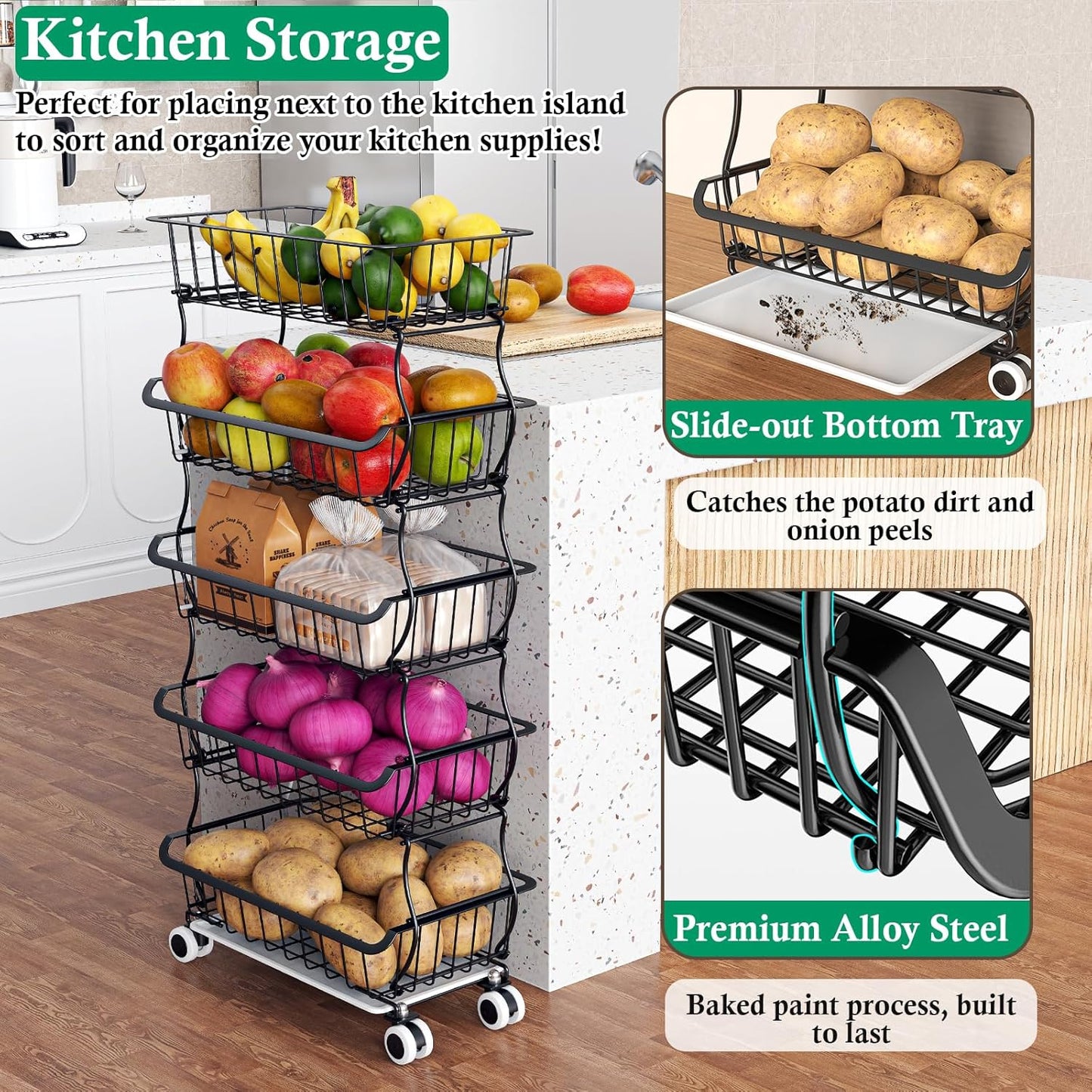 5 Tier Fruit Basket for Kitchen, Stackable Bins Wire Rack with Wheels, Fruit and Vegetable Storage Basket Pantry Food Snack Organizer Shelf, Kitchen Storage Cart for Onion and Potato, Produce