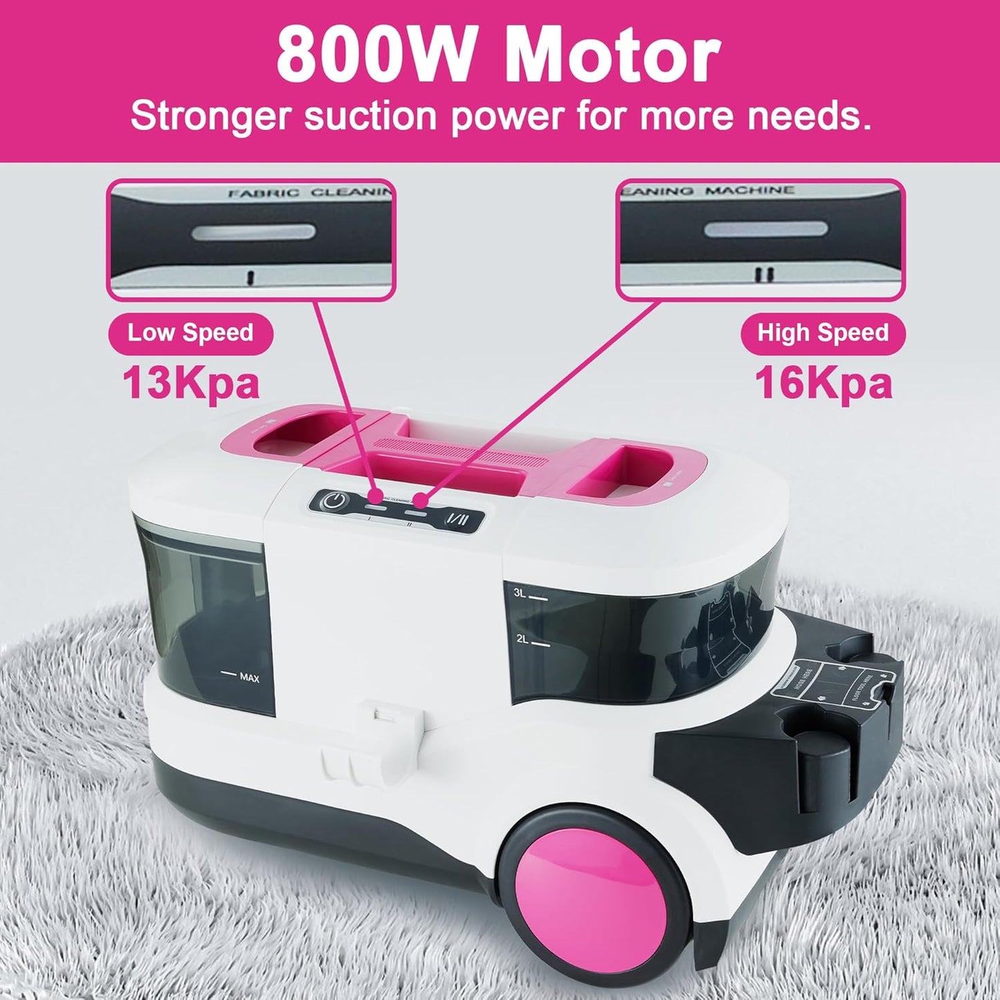 WECLEAN Carpet Cleaner Machine and Stain Remover for Deep Cleaning Upholstery for Carpets Rugs and Fabric Seats,800W 18Kpa，3L Clean Tank and 1.5L Dity Tank, Pink