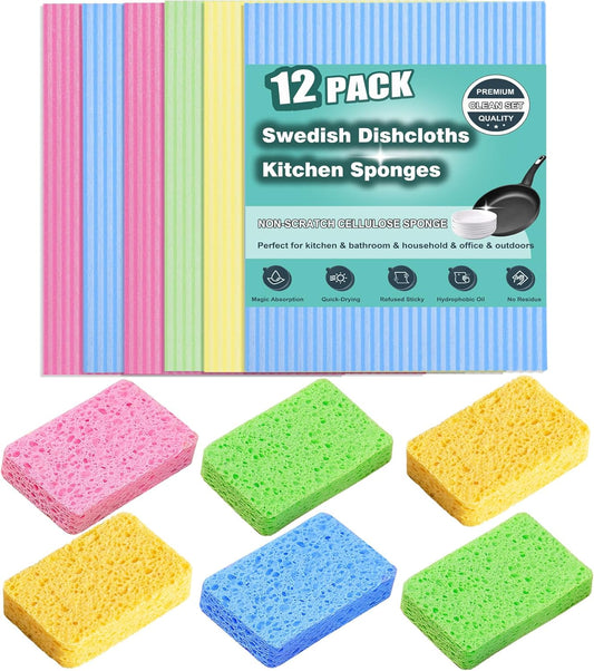 MEUUT 12 Packs Swedish Dishcloths and Kitchen Sponges for Cleaning, Reusable Absorbent Compressed Cellulose Cleaning Sponge Dish Clothes for Kitchen and Household Use