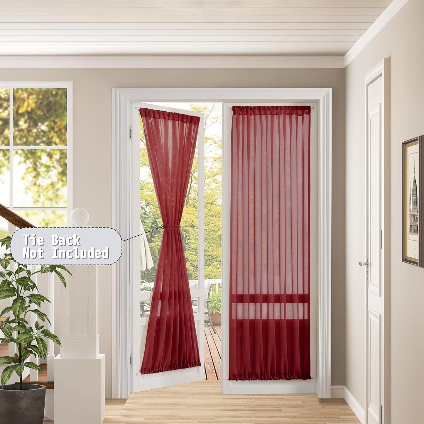 Tollpiz Sheer Door Curtains Closet Linen Textured Curtains Sheer Doorway Light Filtering Voile Rod French Door Pocket Curtain Patio Glass Door, 25 x 72 inches Long, Burgundy Red, Set of 1 Panel