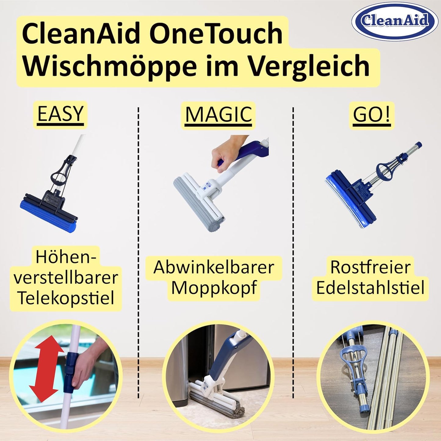OneTouch GO! Floor Cleaner, Floor Mops, Sponge Mops, Mop with Wringing Function (4 x Refill Sponge)
