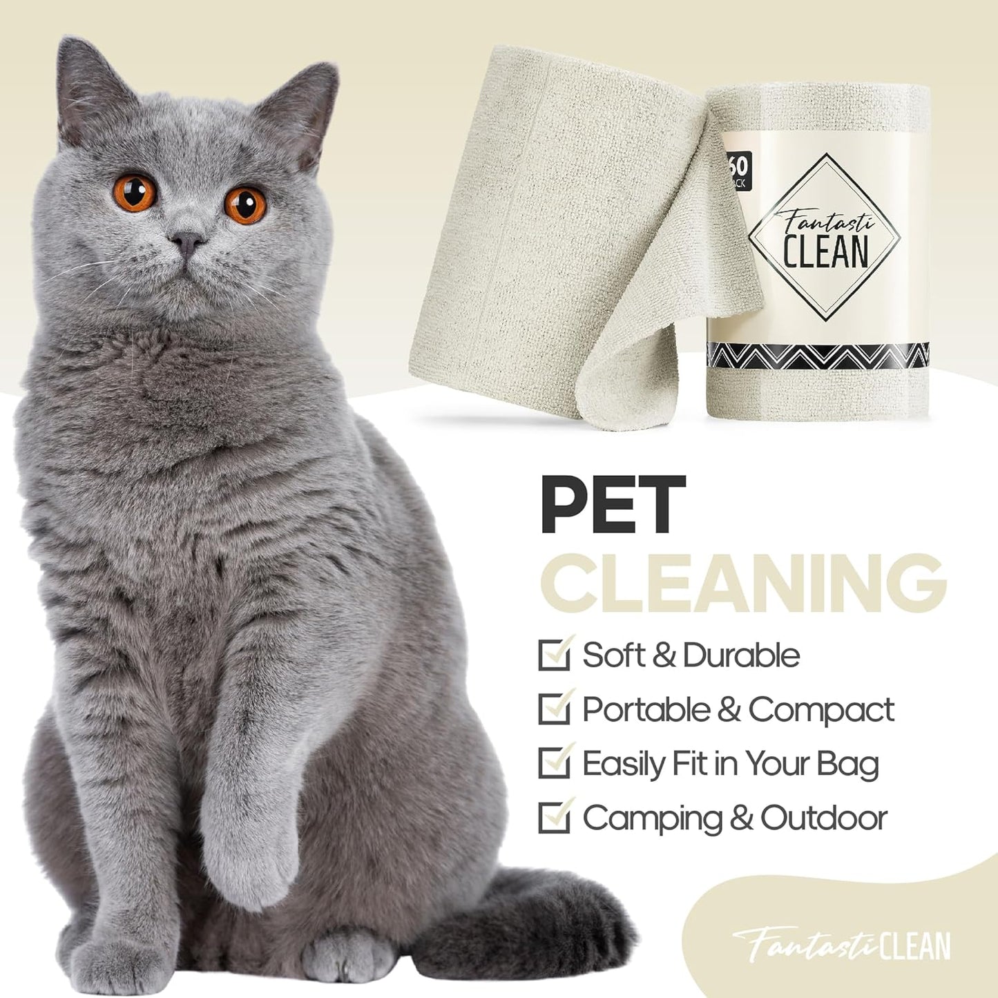 Fantasticlean Microfiber Cleaning Cloth Roll 2 Rolls 120 Pack, Tear Away Paperless Towels, 8" x 8", Reusable Washable Rags, Home Kitchen, Pet, Office, Indoor Outdoor, Compact Portable (Off-White)