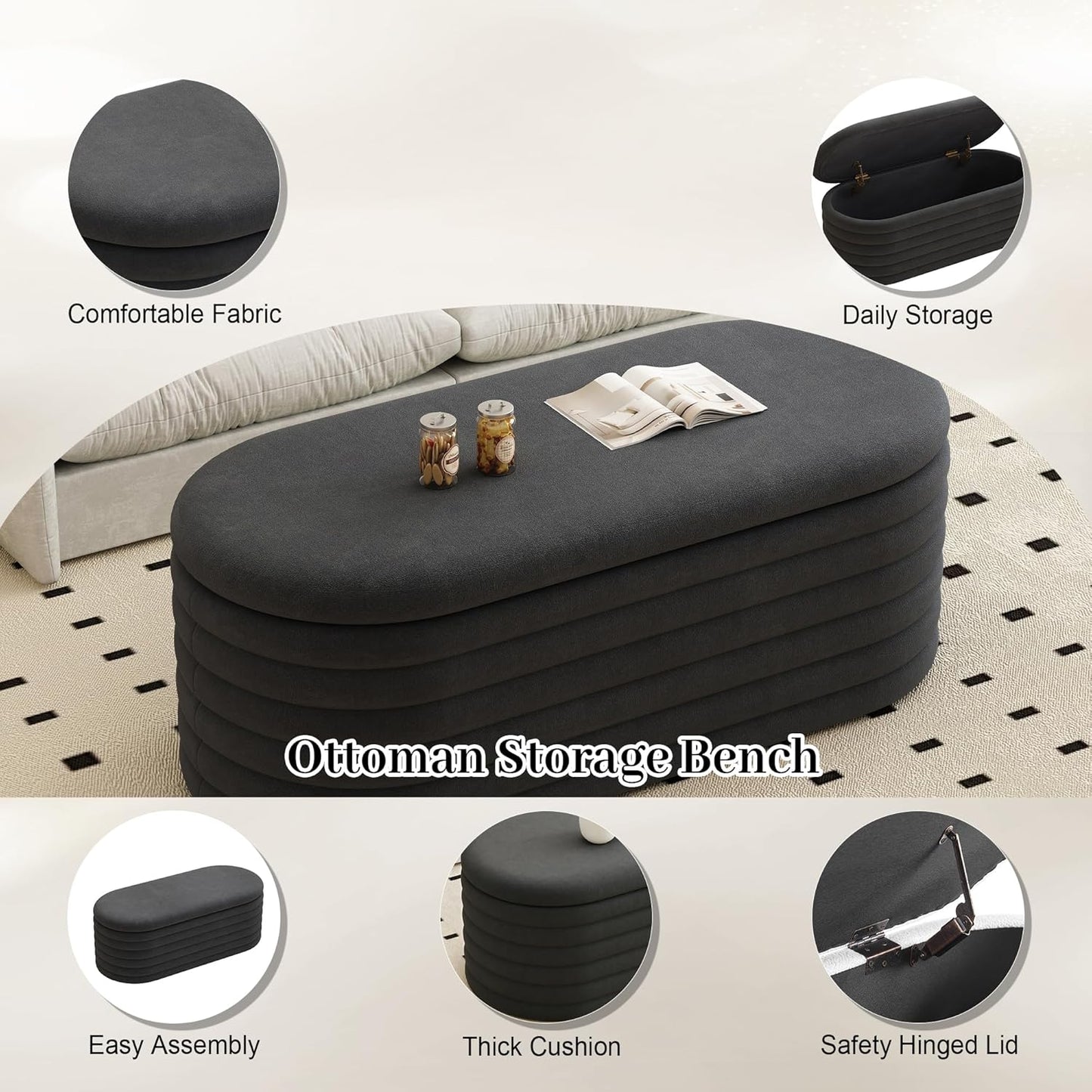 Storage Ottoman Bench, 40" Storage Bench, Upholstered Fabric Storages Benches End of Bed Stool with Safety Hinge, Shoe Storages Benches for Bedroom, Living Room, Entryway, Closet, Black