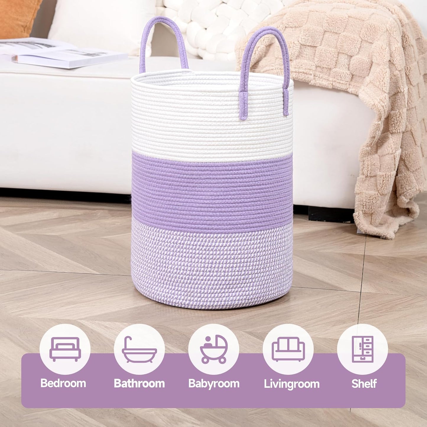 CLHMILY&Z 40L Laundry Basket Round Storage Rope Basket - 13x18 Inches - Lavender Hamper in Bedreoom and Cute Storage Bin for Blankets, Toys, and Nursery Essentials
