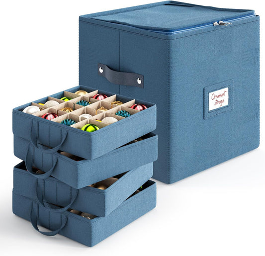 Hearth & Harbor Christmas Ornament Storage Box With 4 Inner Tray Dividers - Non-Woven Ornament Storage Container For 64 Holiday Ornaments or Decorations
