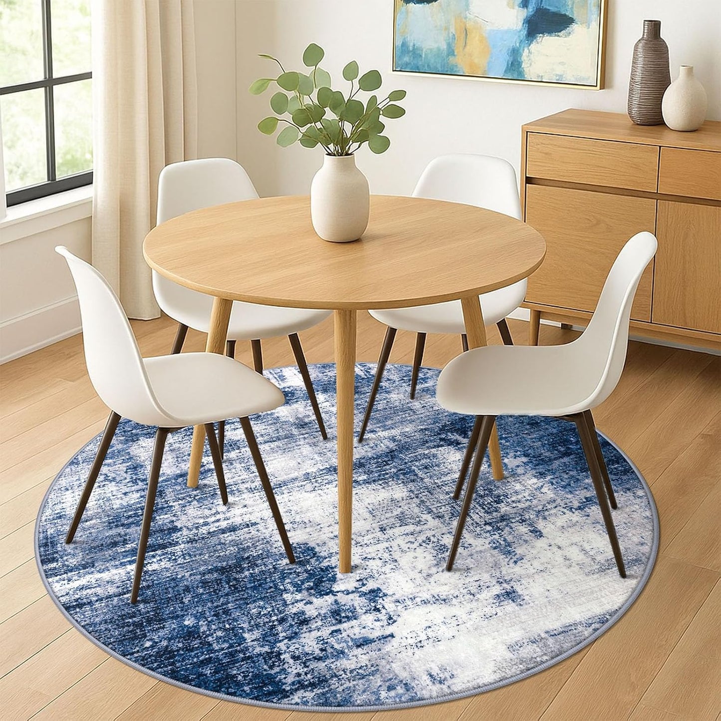 IOHOUZE Abstract Round Area Rug 6 Ft Washable Circle Rugs Large Round Rug Non Slip Thin Soft Circle Rugs, Printed Faux Wool Floor Carpet for Bedroom Living Room Dining Room Nursery, Navy/Grey