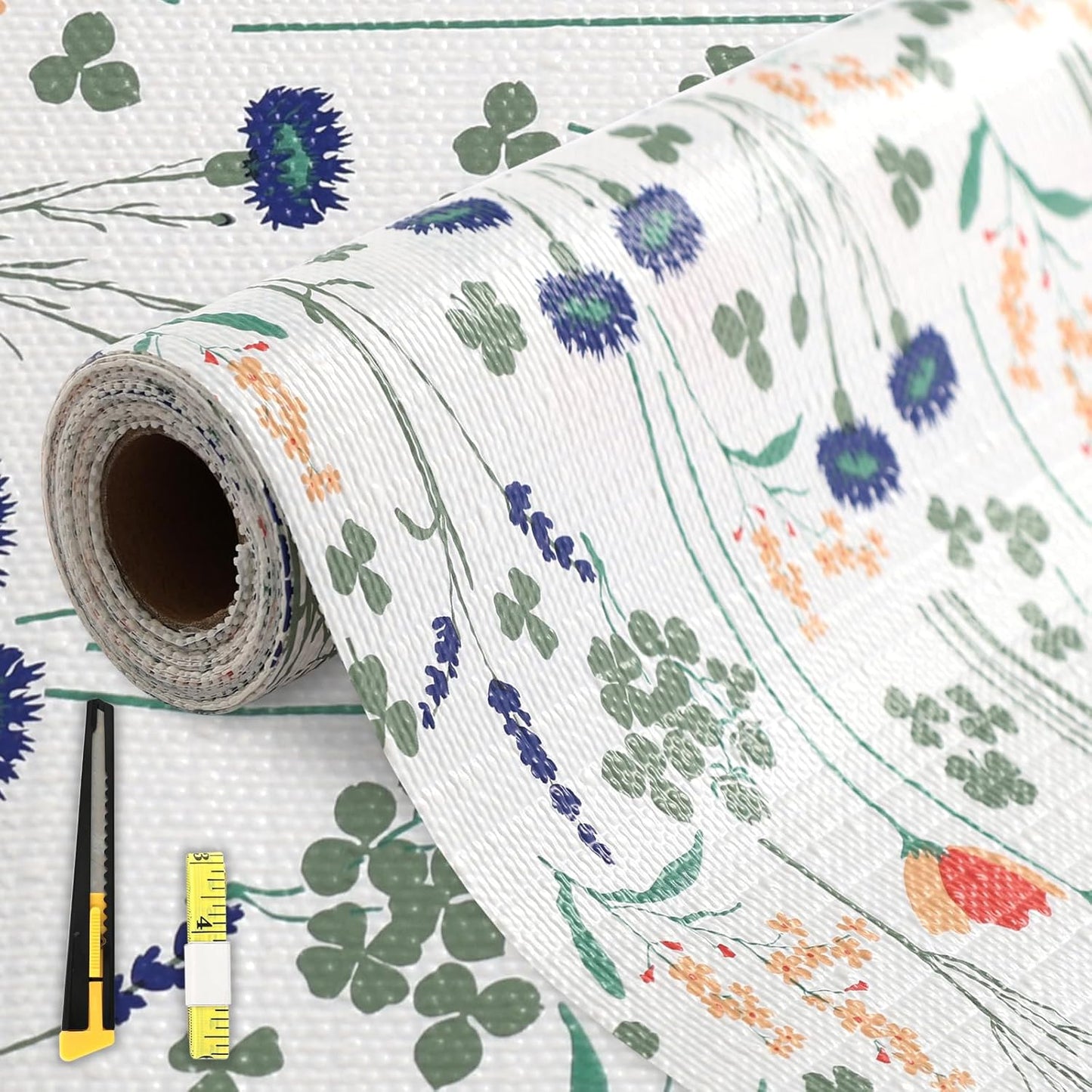 FINNEZ Shelf and Drawer Liner 12in x 10FT with Cutting Tool, Non Slip Non Adhesive Drawer Liners for Kitchen Cabinets, Waterproof Floral Cabinet Liner for Shelves, Refrigerator